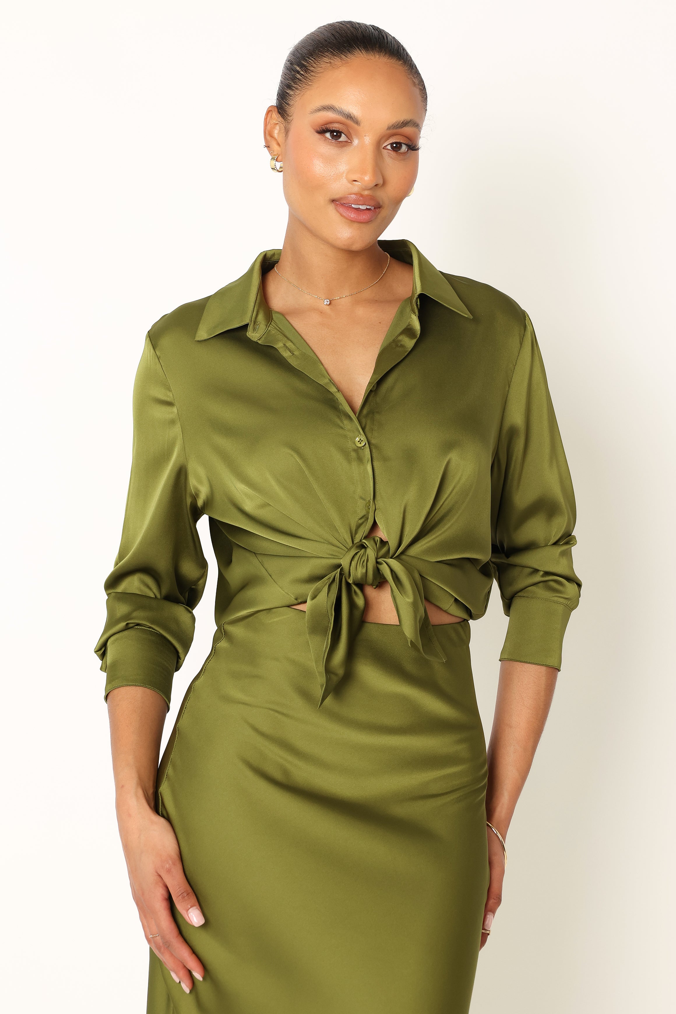Narissa Satin Shirt - Palm Green-Sunny Prom
