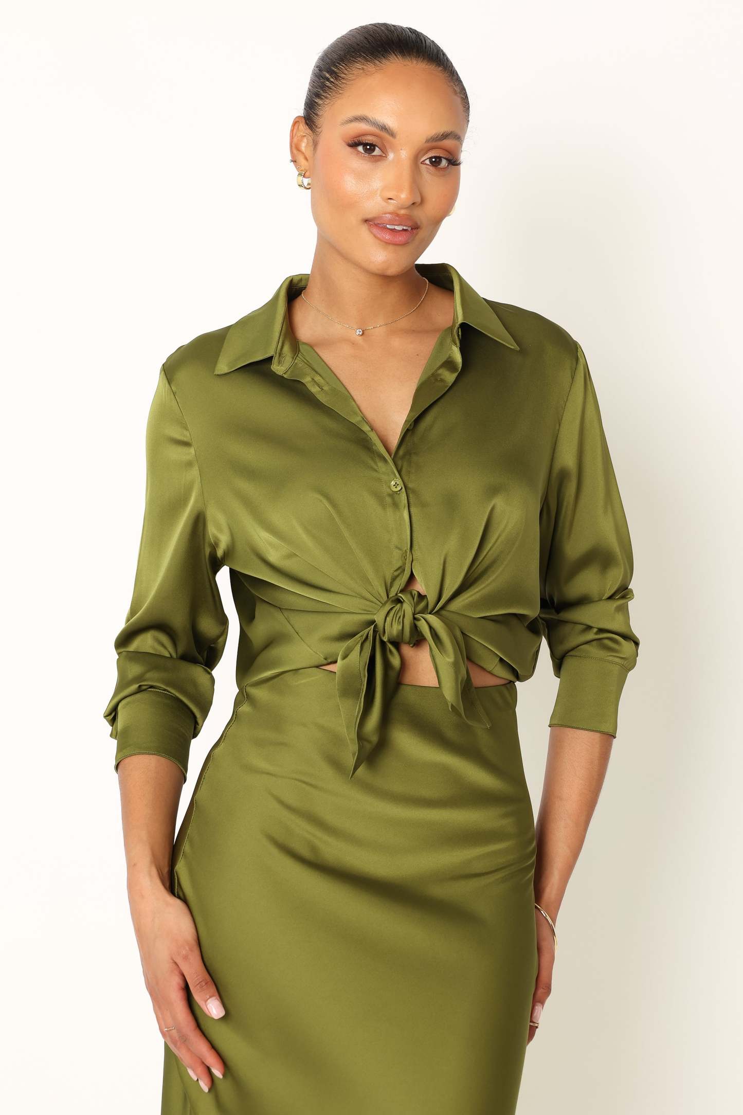 Narissa Satin Shirt - Palm Green-Sunny Prom