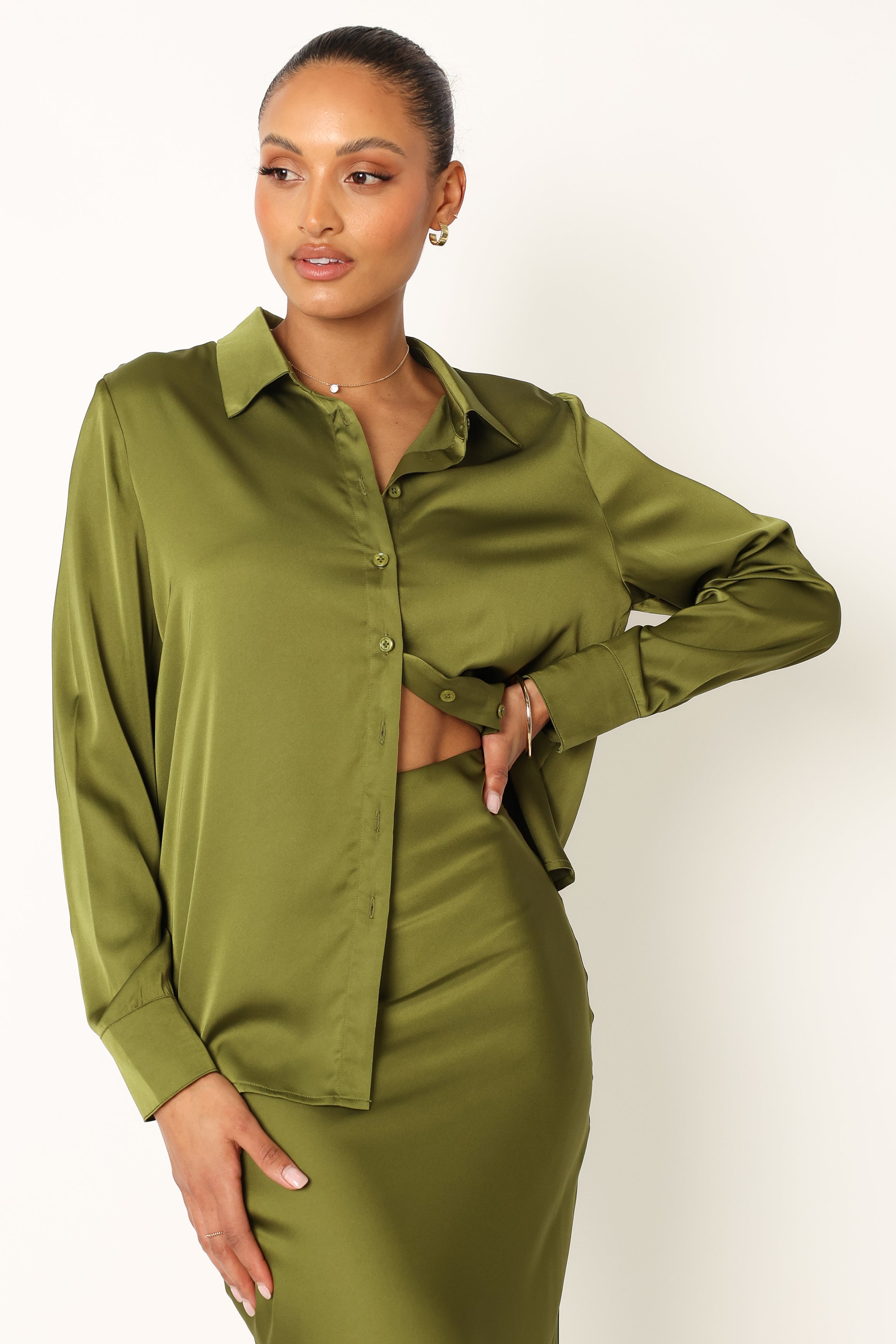 Narissa Satin Shirt - Palm Green-Sunny Prom