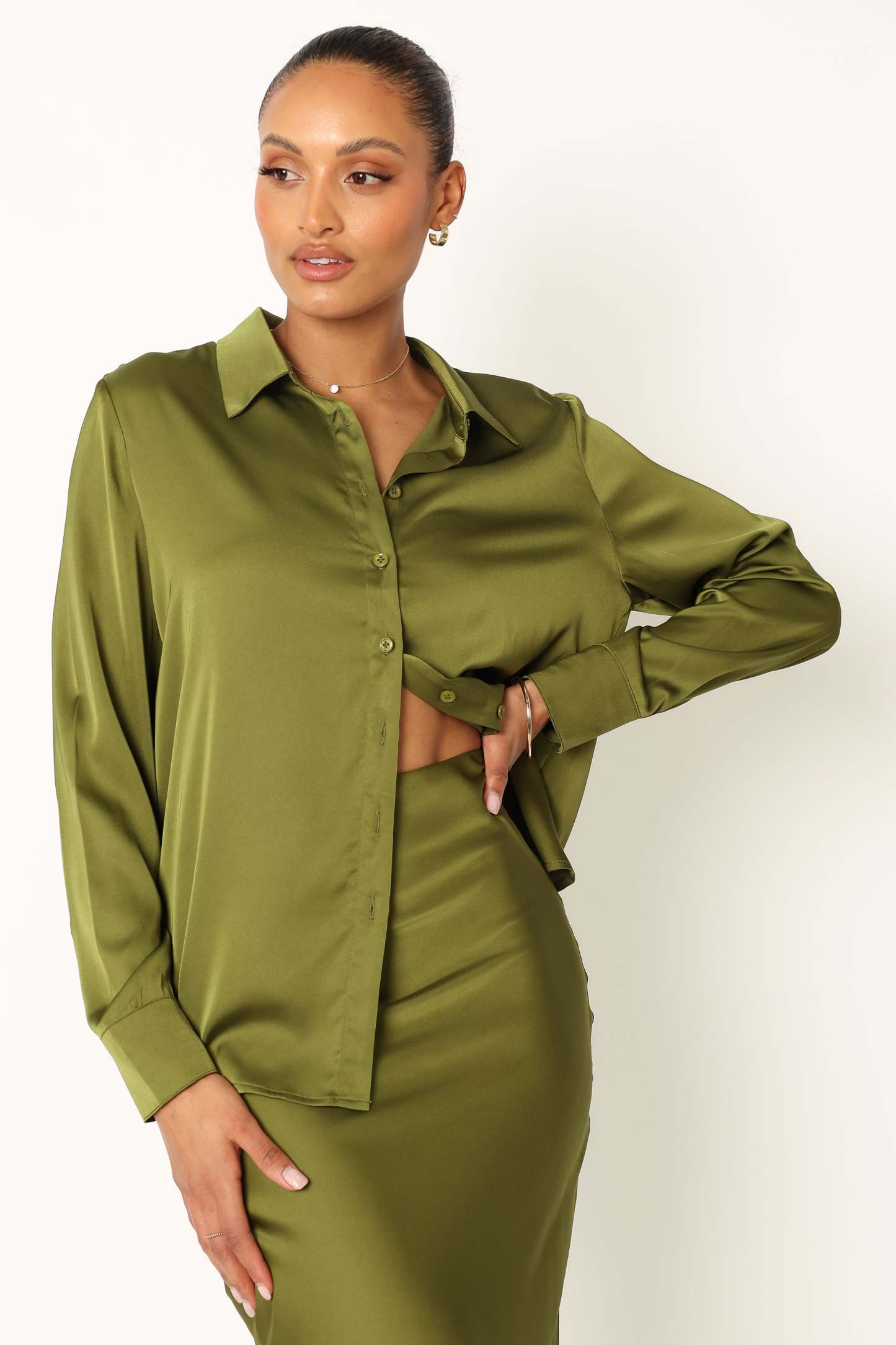 Narissa Satin Shirt - Palm Green-Sunny Prom