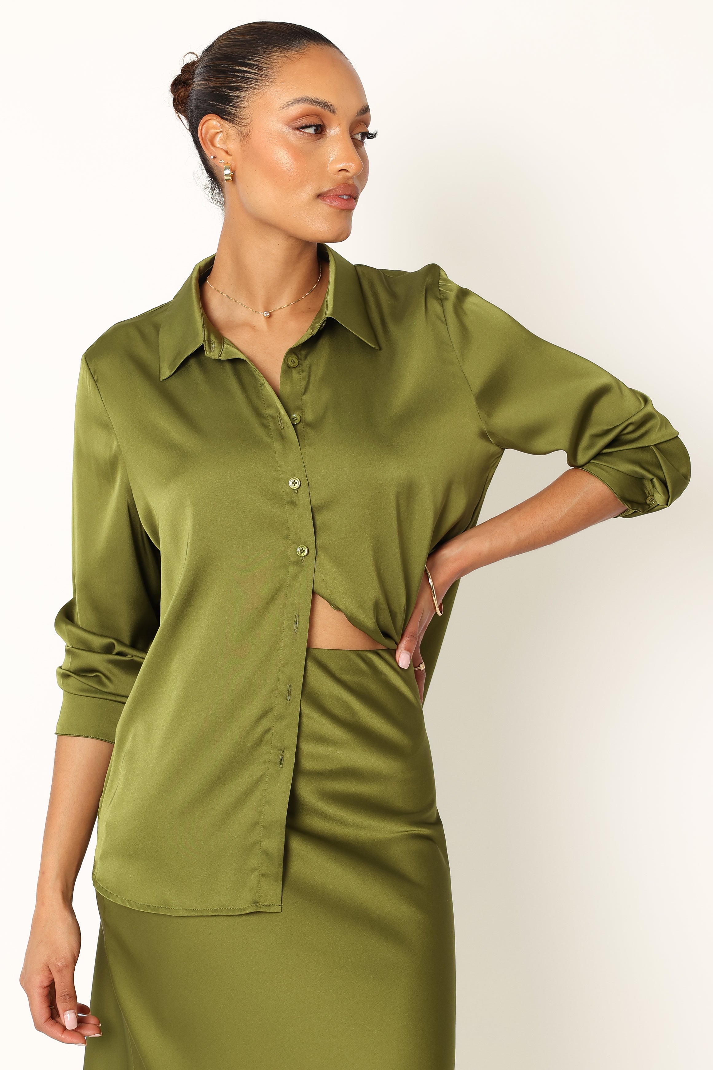 Narissa Satin Shirt - Palm Green-Sunny Prom