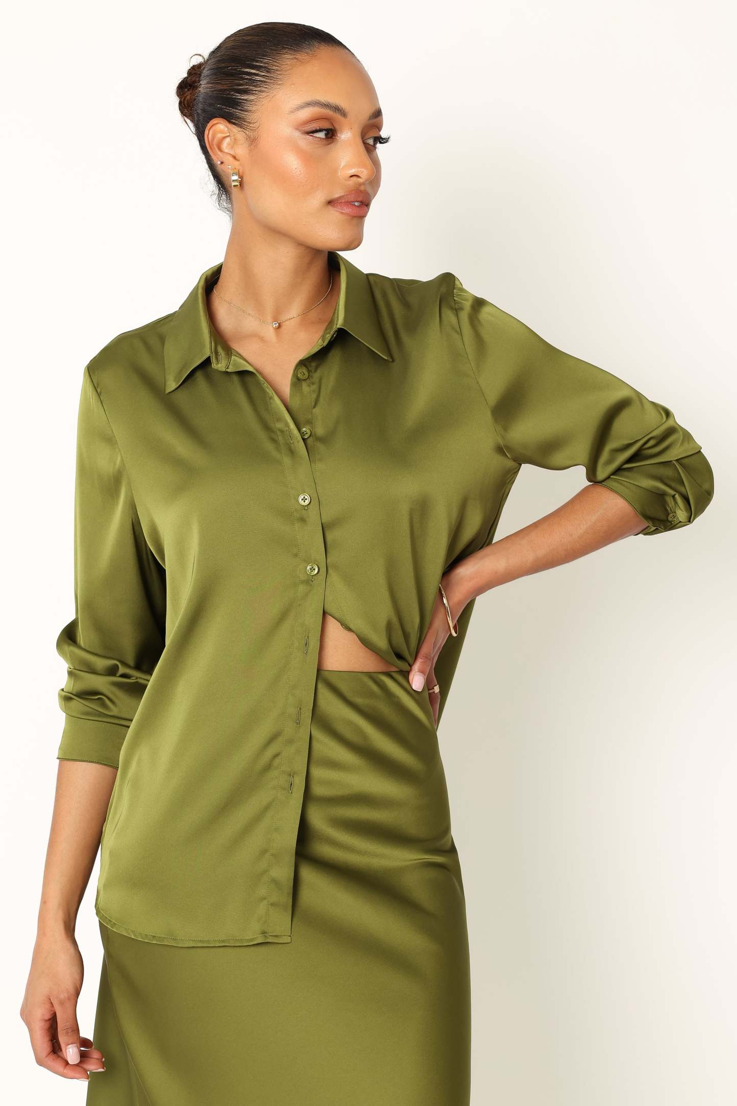 Narissa Satin Shirt - Palm Green-Sunny Prom