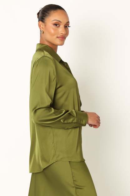 Narissa Satin Shirt - Palm Green-Sunny Prom