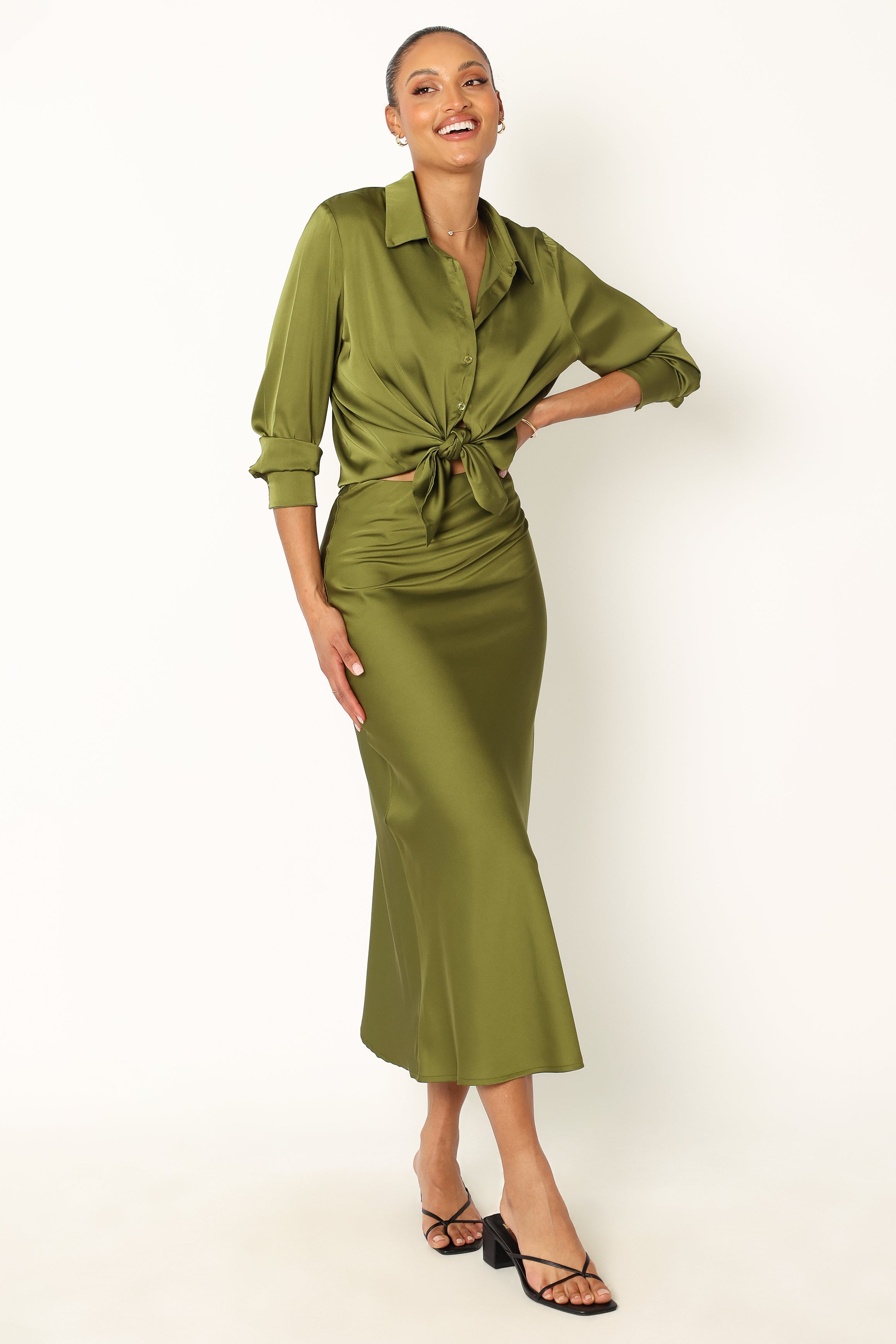 Narissa Satin Shirt - Palm Green-Sunny Prom