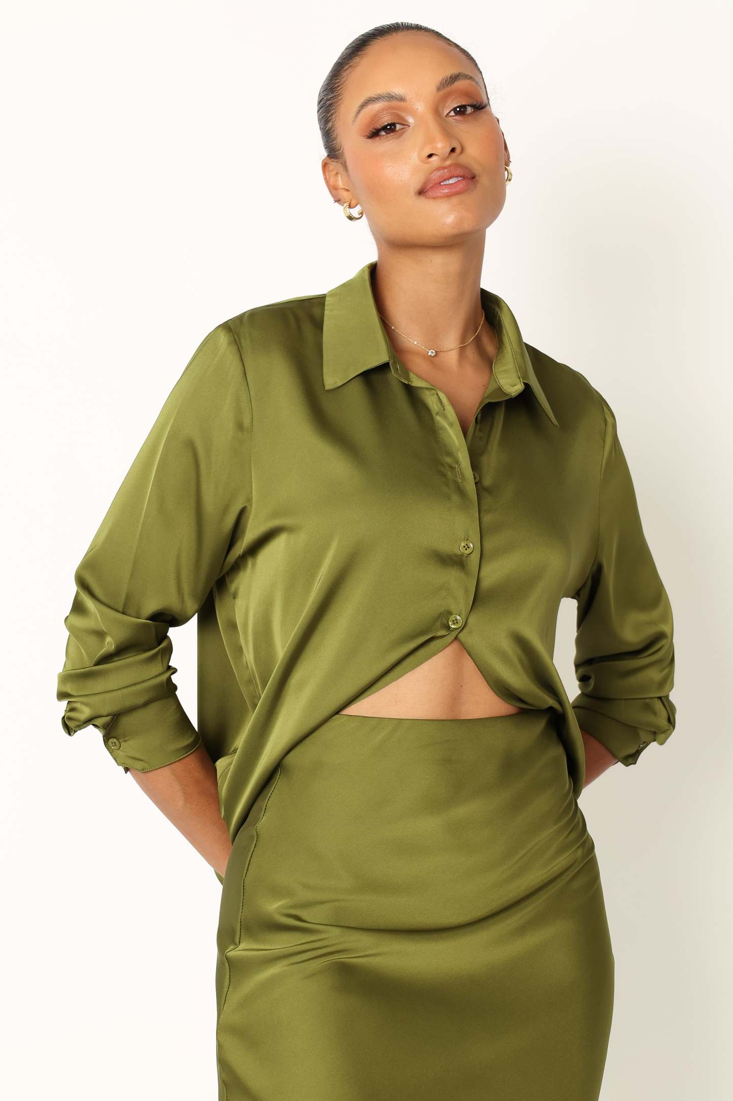 Narissa Satin Shirt - Palm Green-Sunny Prom