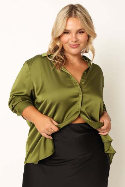 Narissa Satin Shirt - Palm Green-Sunny Prom