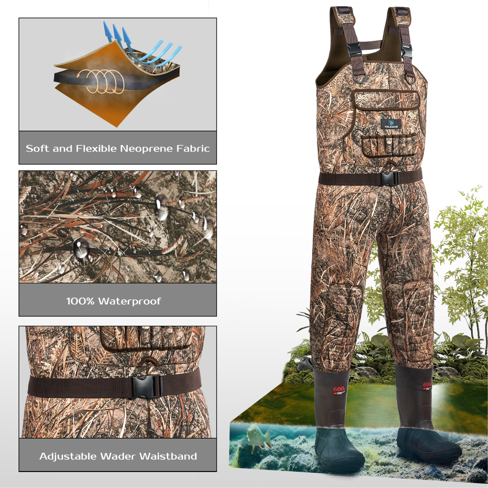 Trudave Reel Reed Chest Waders, Neoprene with 600G Insulation & Camo