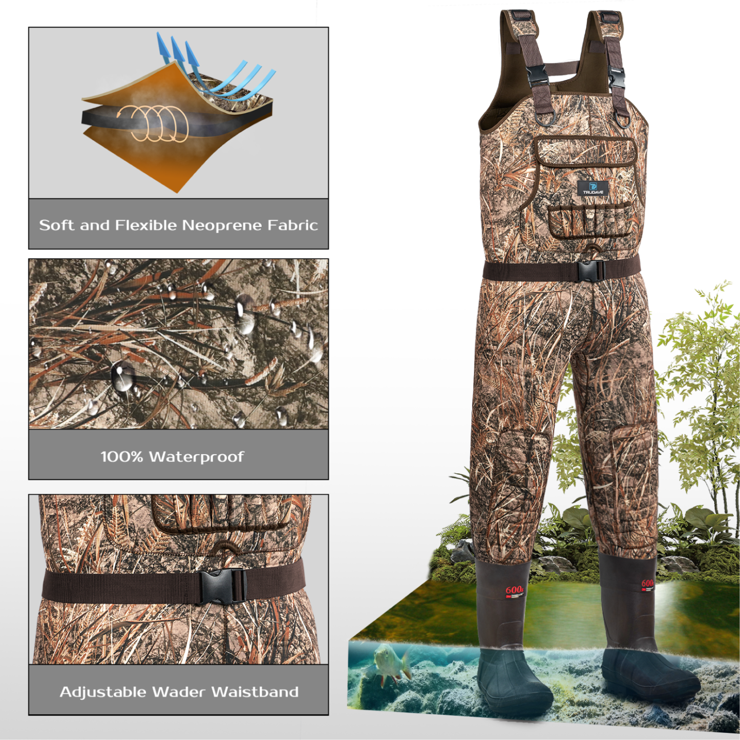 Trudave Reel Reed Chest Waders, Neoprene with 600G Insulation & Camo