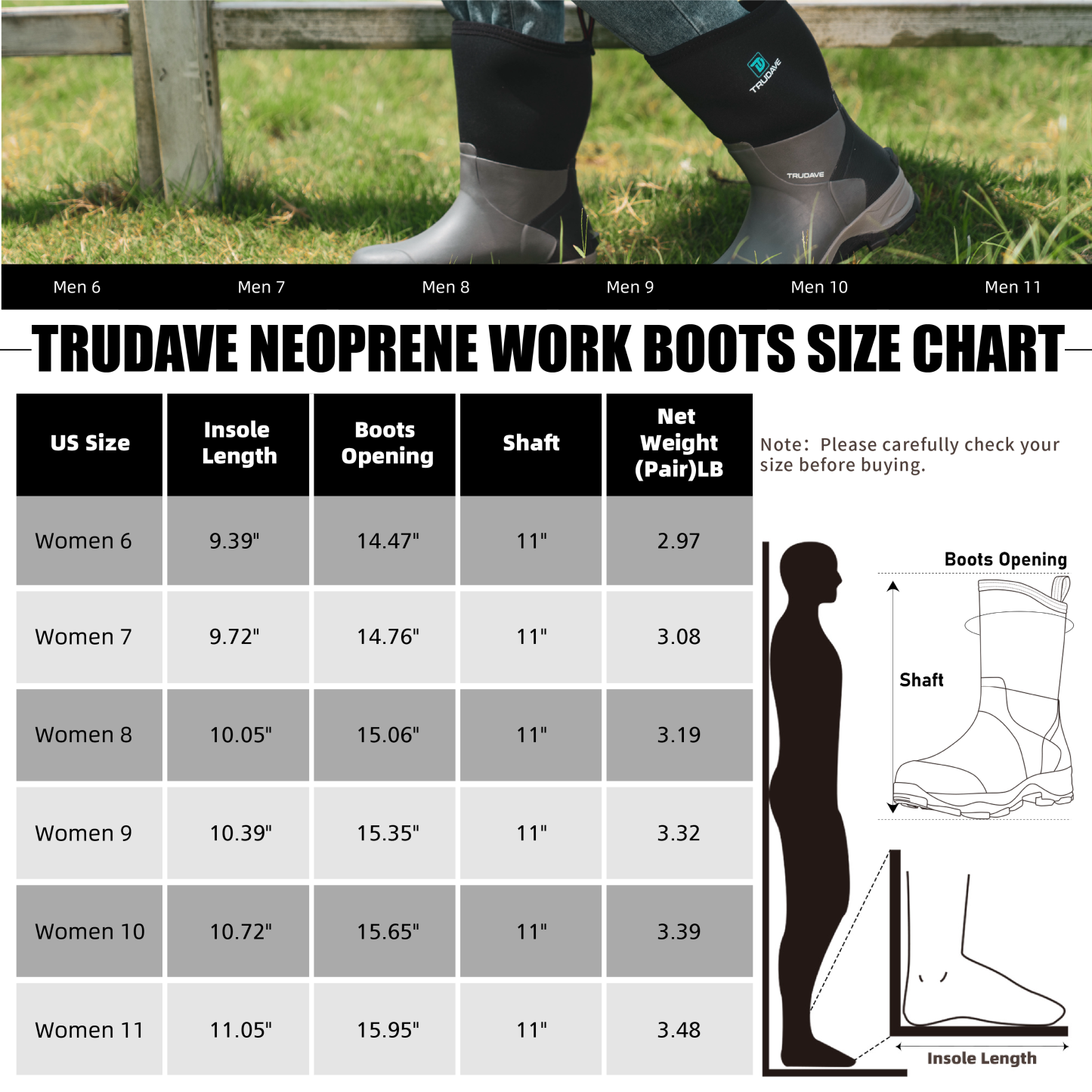 Trudave Women's Black Short Rain Boots