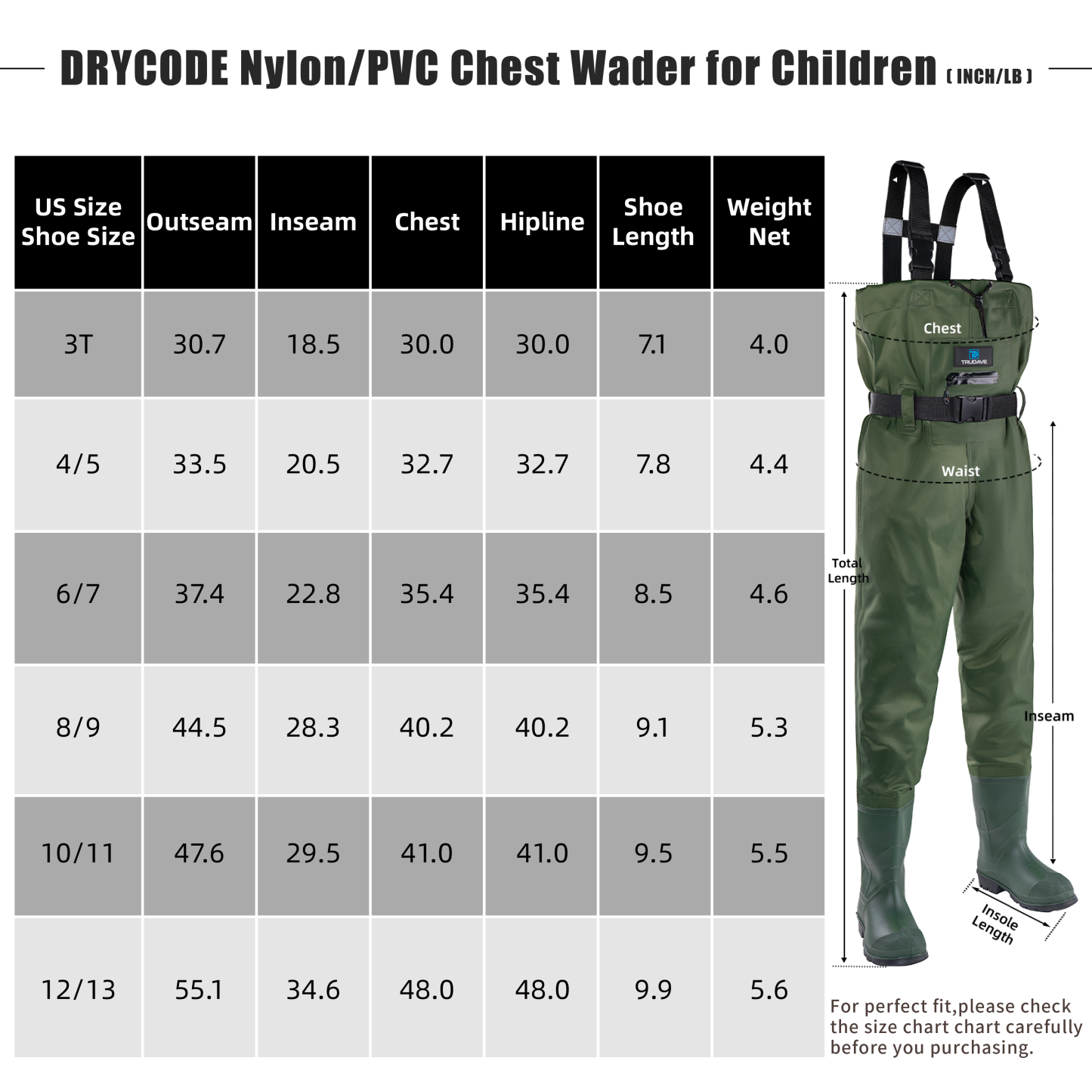 Trudave Lightweight Kids Waders with Boots 