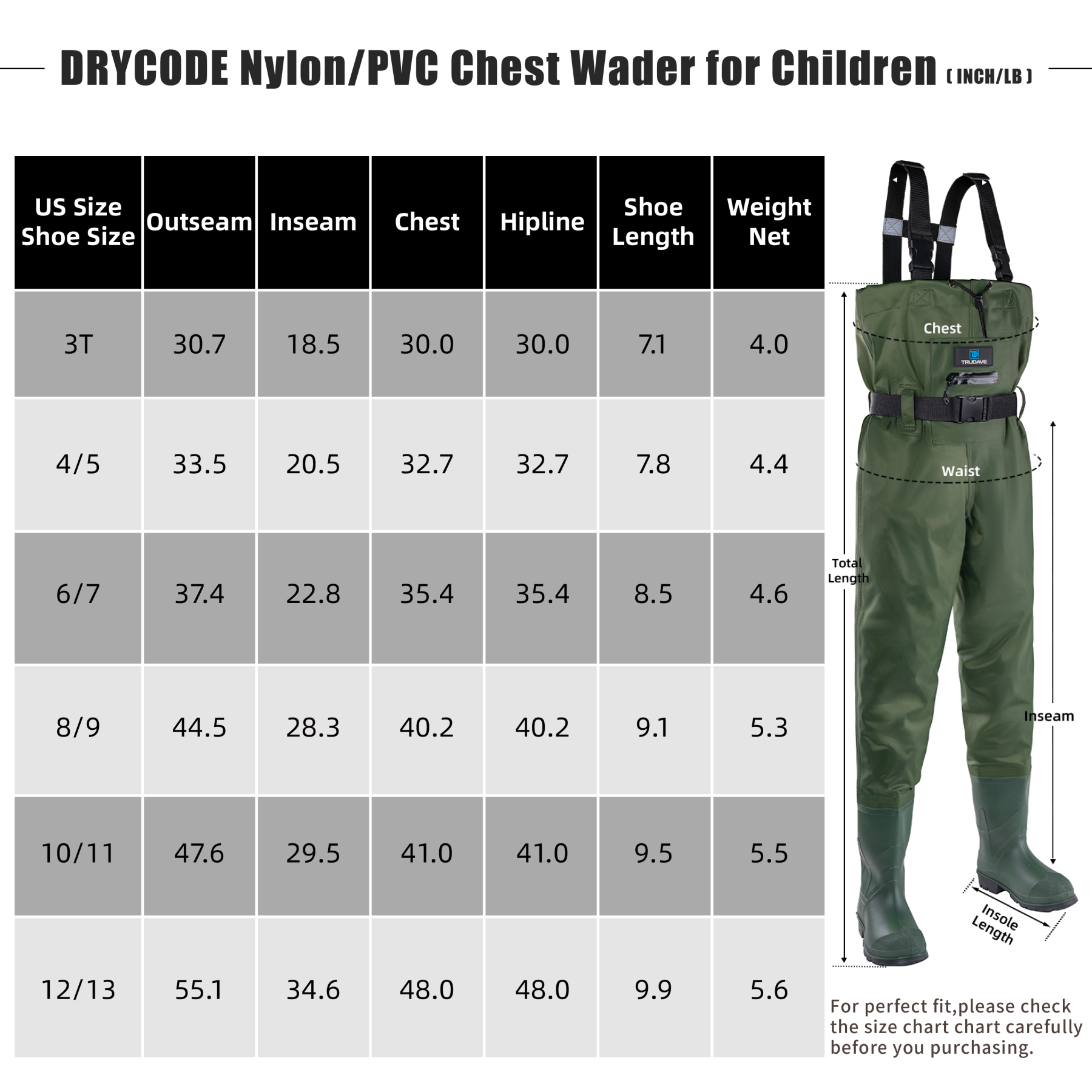 Trudave Lightweight Kids Waders with Boots