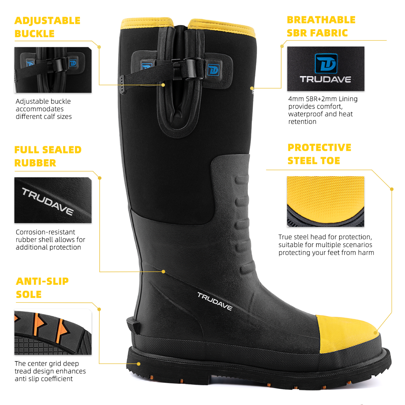 Trudave Steel Toe Rubber Work Boots For Men