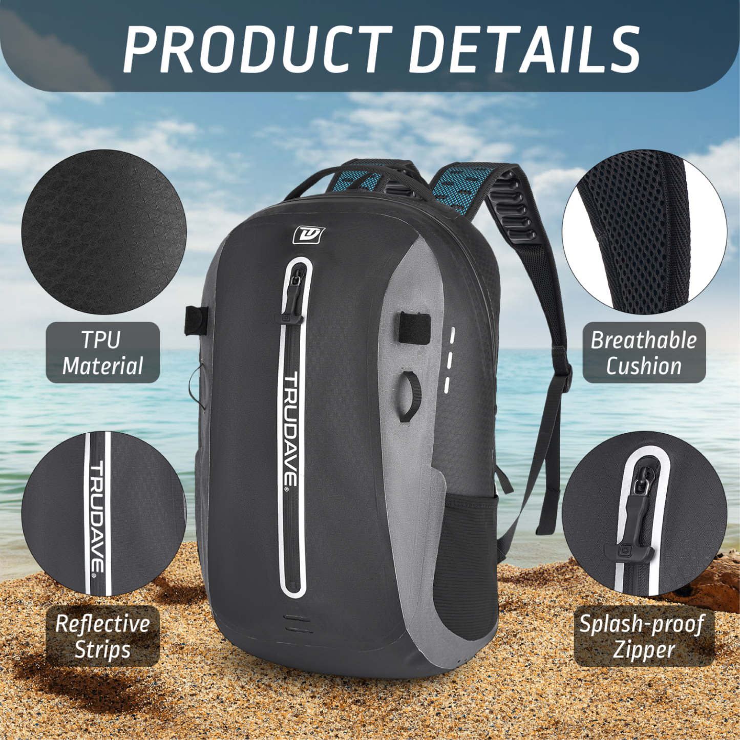 Trudave Black Waterproof Backpack, Floating TPU Coated Dry Bag with Airtight Zipper for Kayak, Fishing, Boating, Hiking