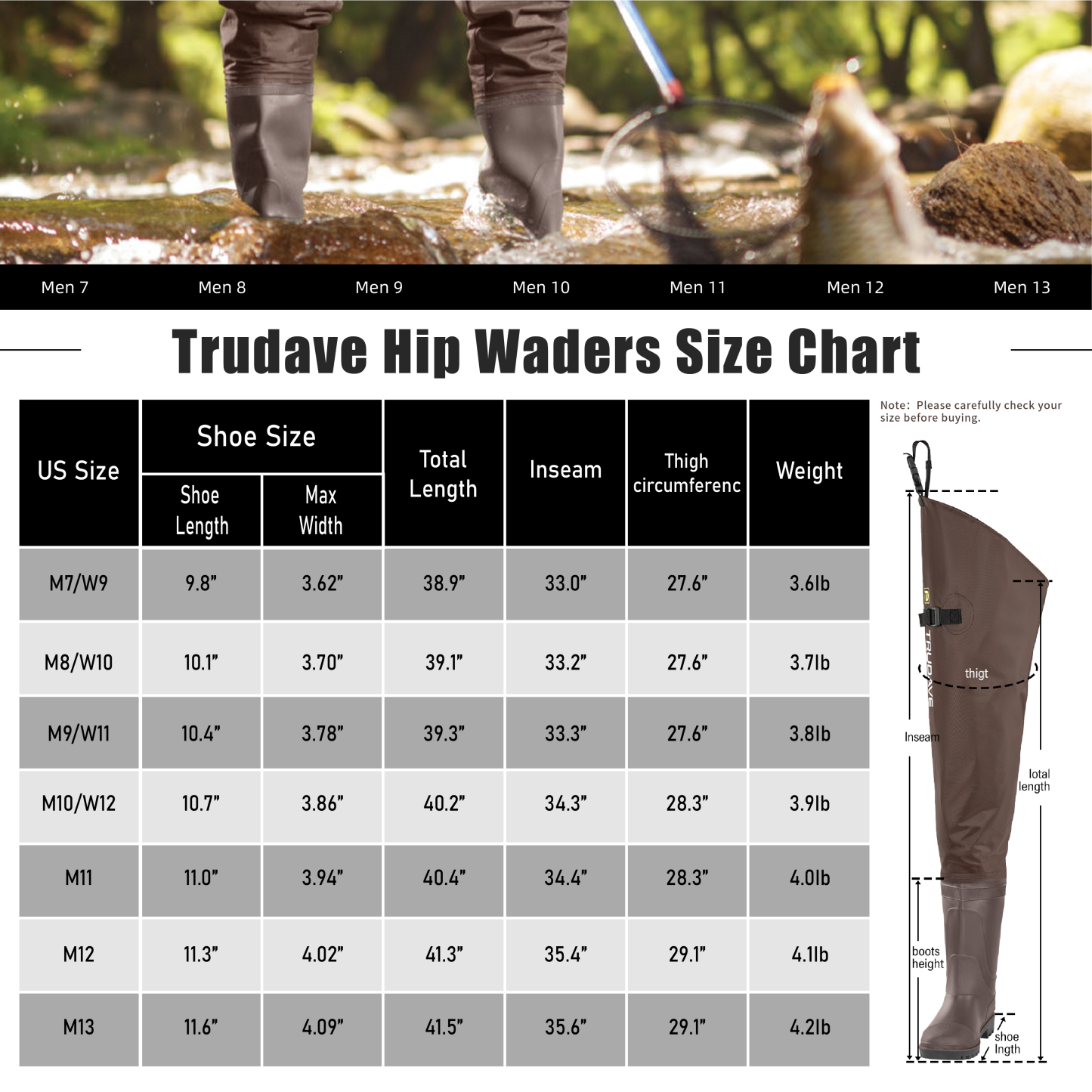 Trudave Hip Waders for Men Waterproof, Hip Boots for Women, 2-Ply PVC/Nylon Bootfoot Hip Waders for Fishing & Hunting