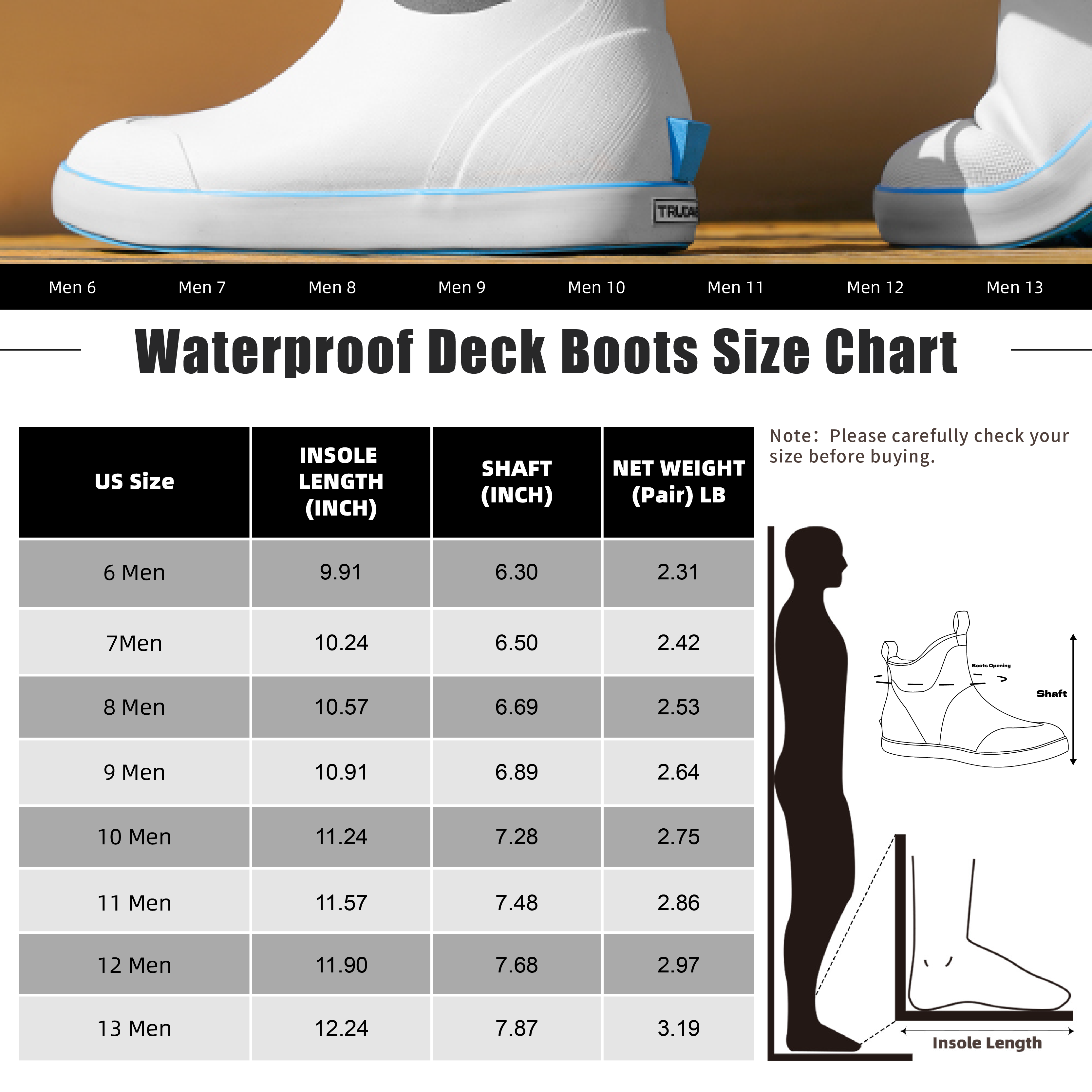 Trudave Deck Boots for Men, Waterproof Insulated Mens Rain Boots