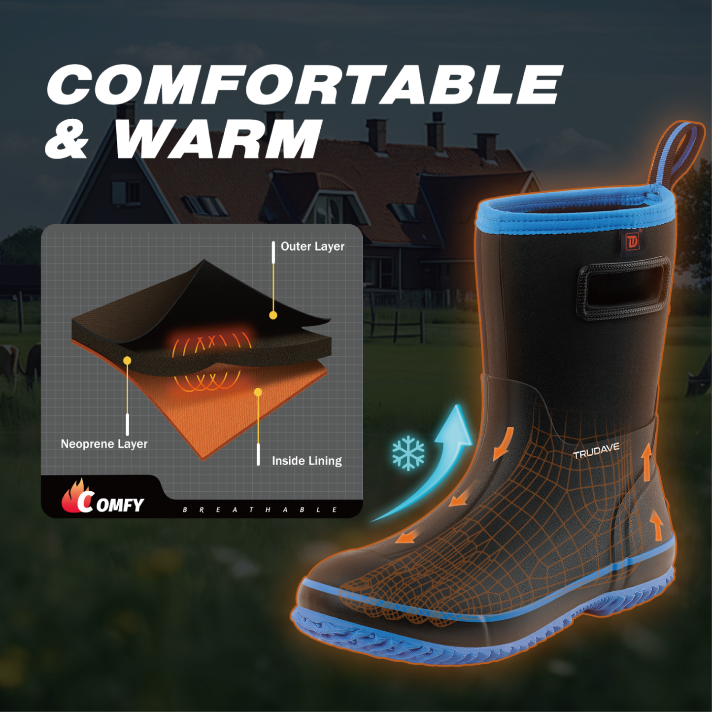 Rubber Boots for Men, Warm 4.5mm Neoprene Waterproof Insulated Anti-Slip Rain Boots