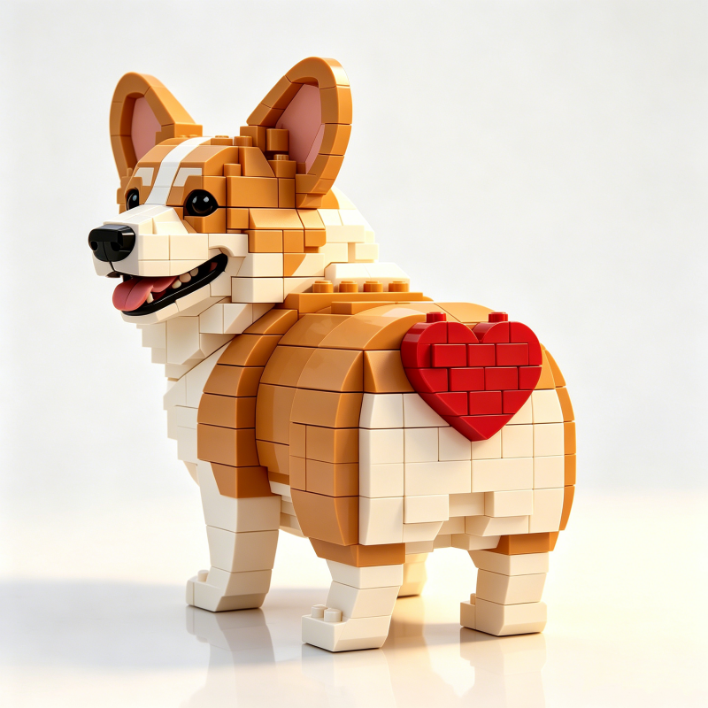 Heart-Themed Corgi Building Block Set — A Loving Glance Back