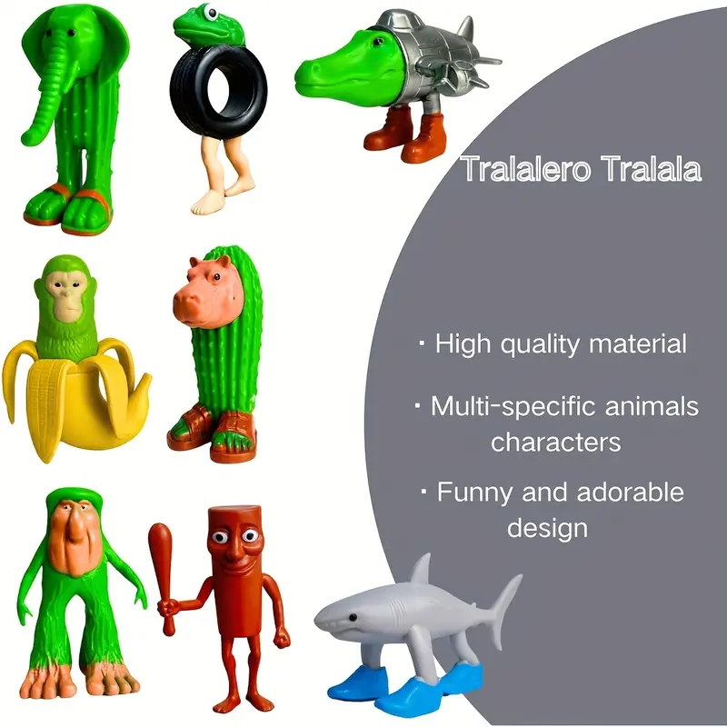 8pcs Tralalero Tralala Italian Meme Shark Figures - Whimsical Animal Collectible Figurines with Unique Designs (Banana, Elephant, Green Frog, Shark, Hippo) - Durable Plastic Desk Decor for Office & Home, Holiday Gifts for Fans