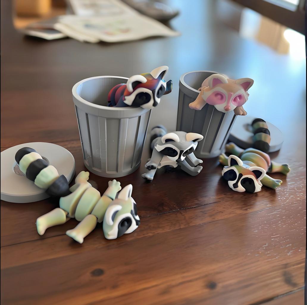 🦝🦝Adopt Your Own Mischievous 3D Printed Raccoon – With Optional Trash Can