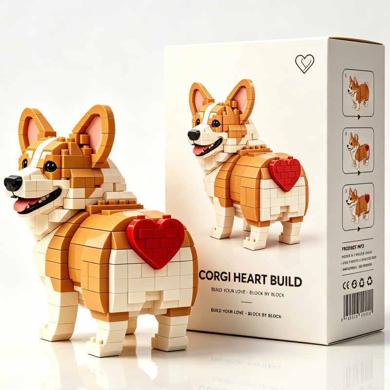 Heart-Themed Corgi Building Block Set — A Loving Glance Back