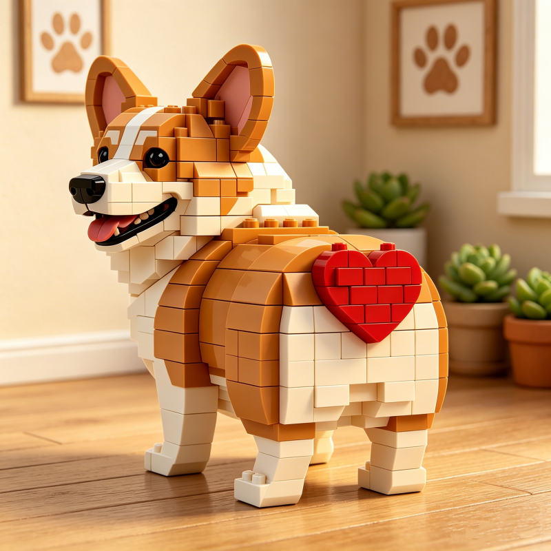 Heart-Themed Corgi Building Block Set — A Loving Glance Back