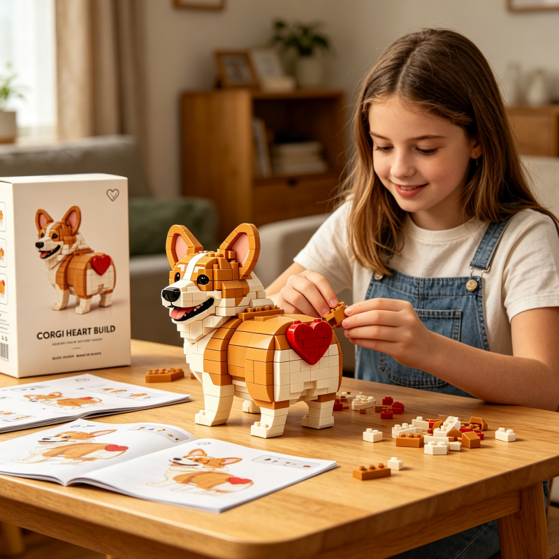 Heart-Themed Corgi Building Block Set — A Loving Glance Back
