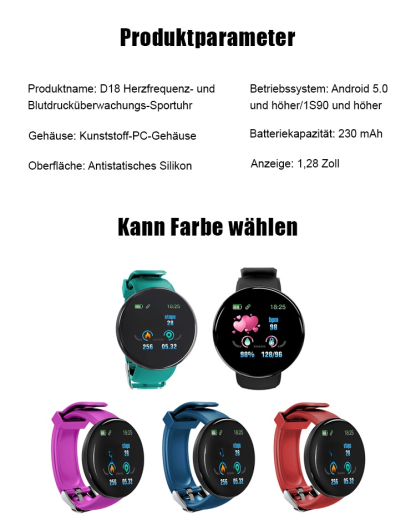 D18 Herzfrequenz- und Blutdrucküberwachungs-Sportuhr