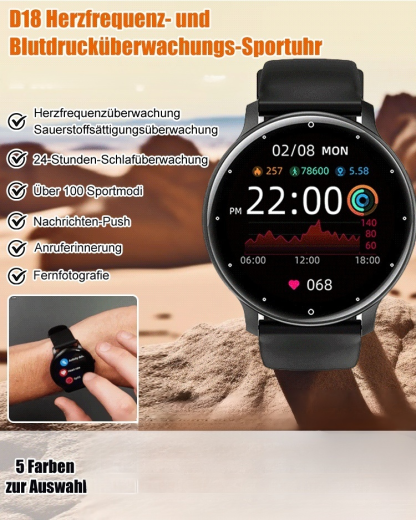 D18 Herzfrequenz- und Blutdrucküberwachungs-Sportuhr
