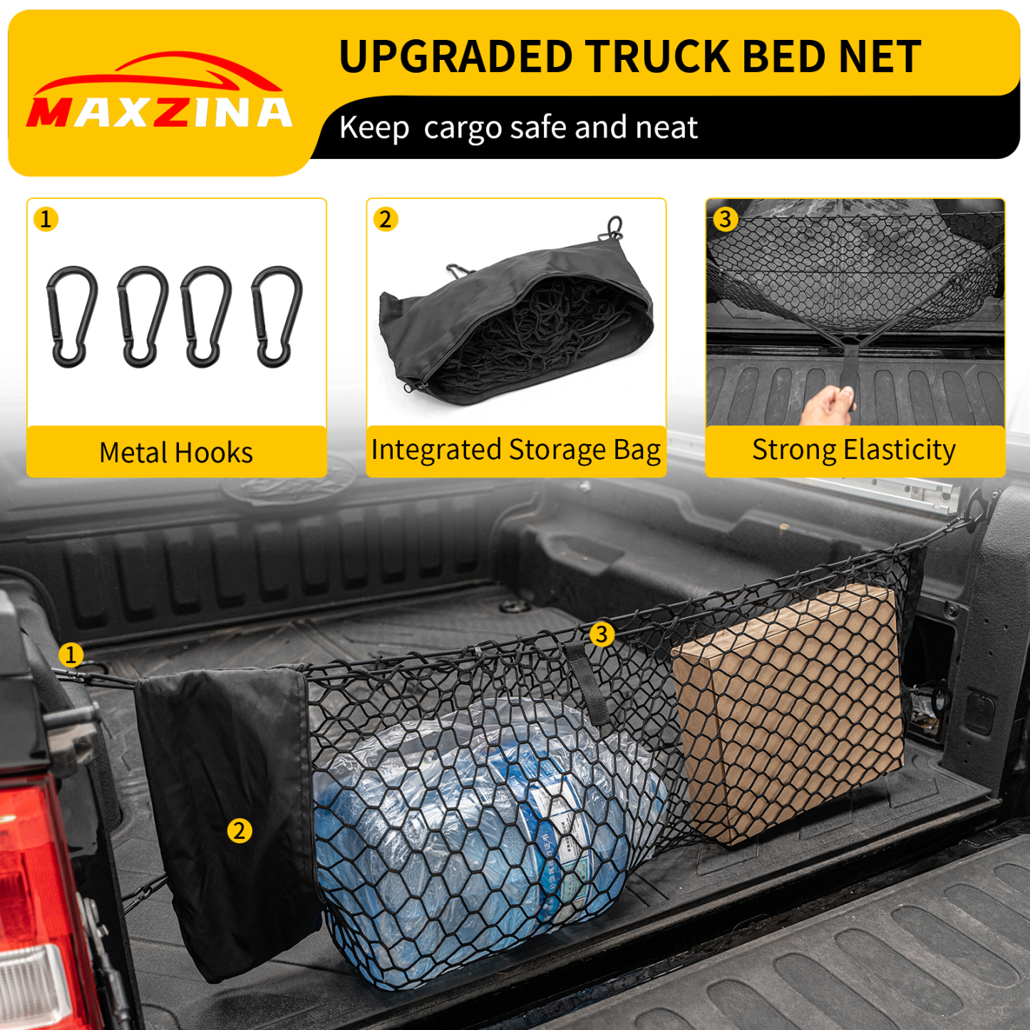Maxzina 2022 2023 2024 2025 Ford Maverick Cargo Net Truck Bed Cargo Net with Storage Bag 3.28'×1.15' Double Layer Envelope Style Dense Mesh Trunk Organizer