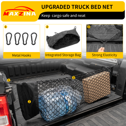 Maxzina 2022 2023 2024 2025 Ford Maverick Cargo Net Truck Bed Cargo Net with Storage Bag 3.28'×1.15' Double Layer Envelope Style Dense Mesh Trunk Organizer