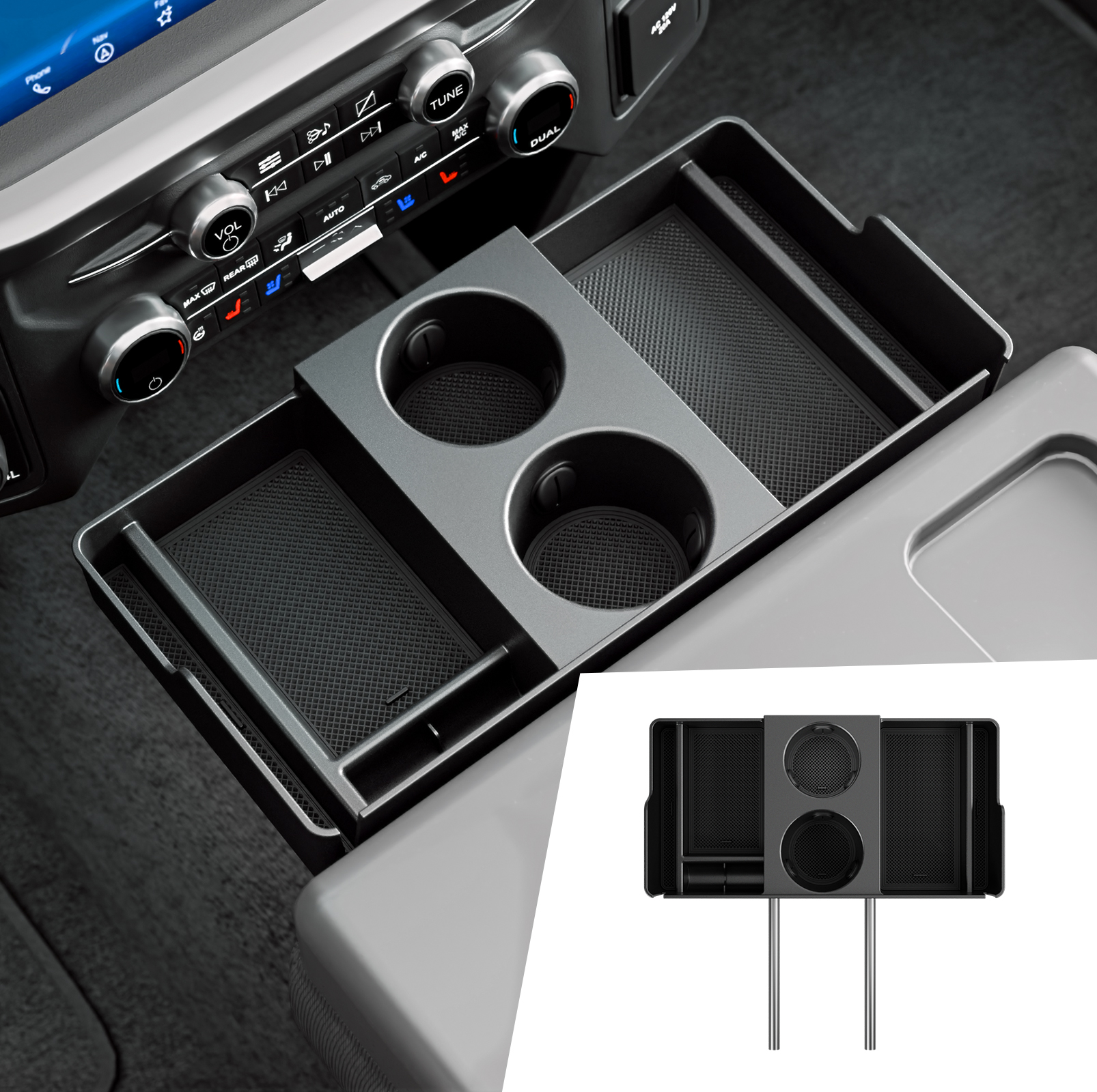 Maxzina Front Center Seat Headrest Organizer Compatible with 2011-2025 2026 Ford F150 F250 F350 F450 F550 F650 (Only for Jump Seat Console) Coin Container Storage Box with Non-Slip Silicone Pad