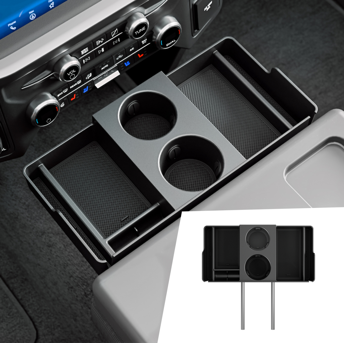 Maxzina Front Center Seat Headrest Organizer Compatible with 2011-2025 2026 Ford F150 F250 F350 F450 F550 F650 (Only for Jump Seat Console) Coin Container Storage Box with Non-Slip Silicone Pad