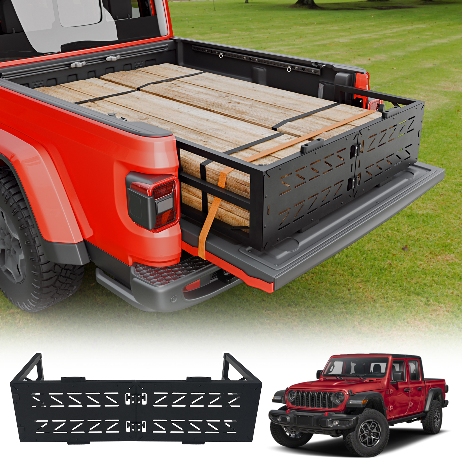 Maxzina Truck Bed Extender Compatible with 2020-2026 Jeep Gladiator Flip-Over Pickup Bed Divider Aluminum Alloy Rotatable Tailgate Extension for 2025 Gladiator Accessories