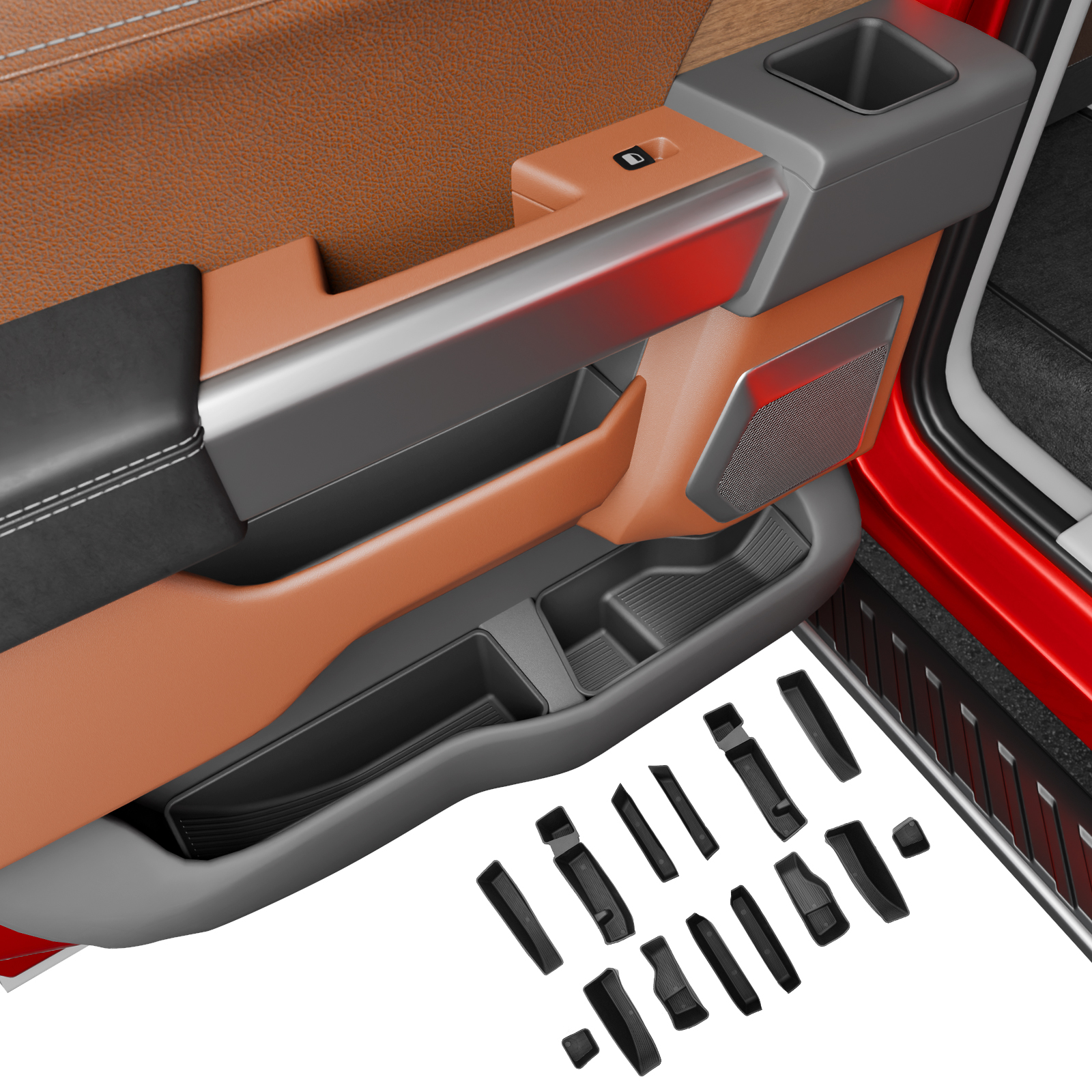 Maxzina Door Side Storage Tray Compatible with 2021-2025 2026 Ford F150 TPE Side Door Organizer Insert Box Car Side Phone Pocket Cup Holder for 2024 F-150 Accessories (Front & Rear Full 14PCS)
