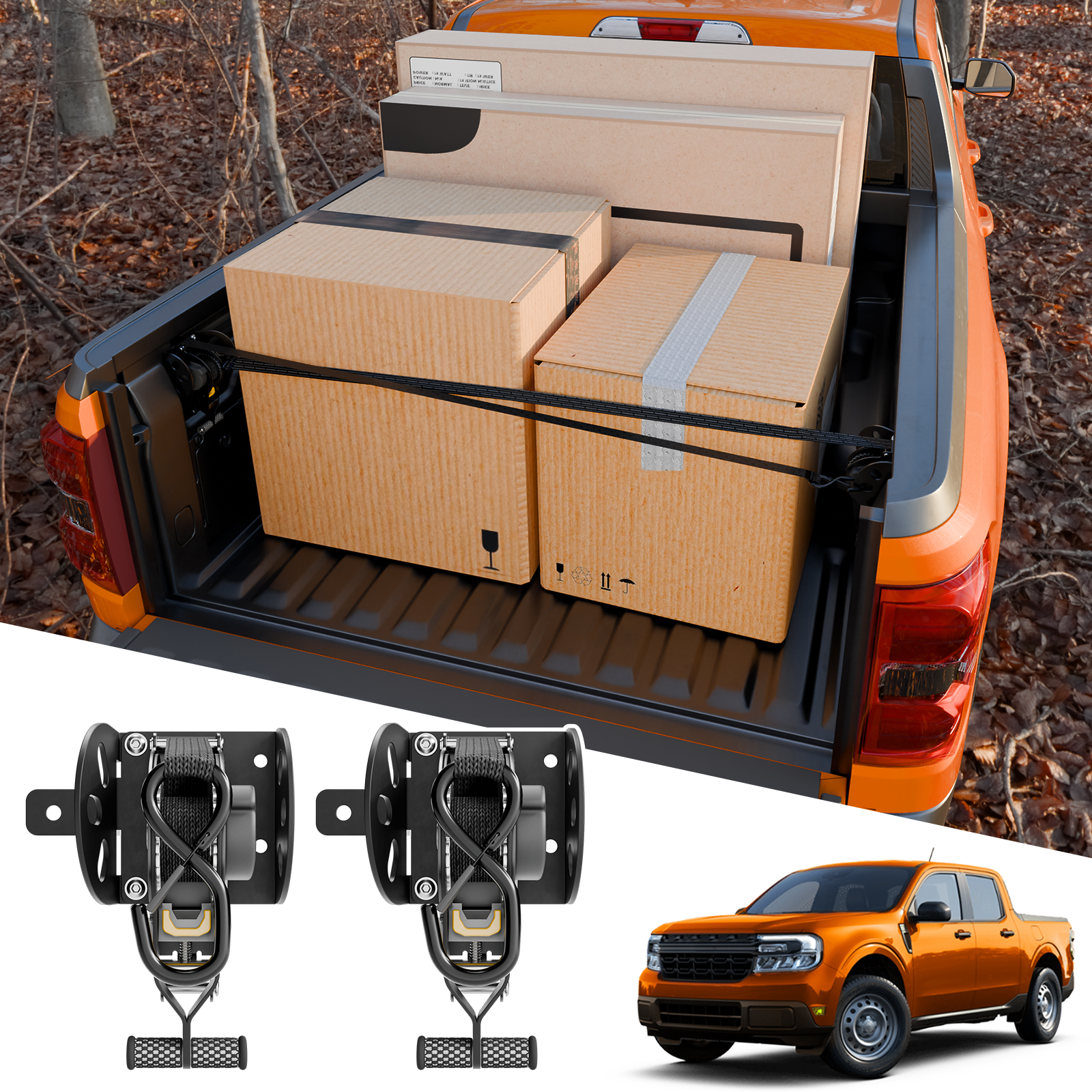 Maxzina Retractable Ratchet Straps Compatible with 2022-2024 2025 2026 Ford Maverick Retracting Straps Auto Retract Securing Strap Tie Down System 2PCS for 2025 Maverick Accessories