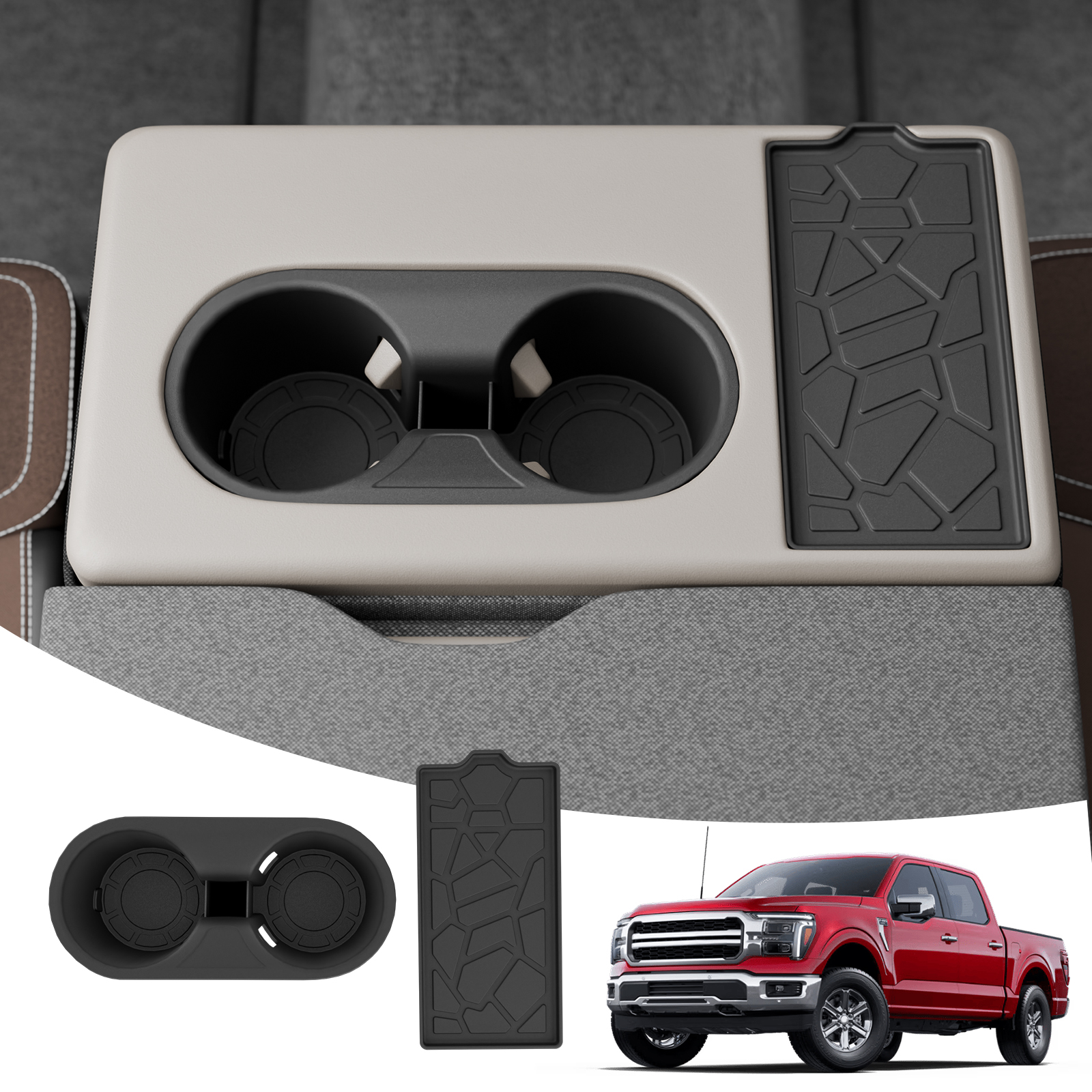 Maxzina Jump Seat Protectors Compatible with 2021-2026 Ford F150 2023-2026 F250 F350 F450 F550 F600 Super Duty Jump Seat Console Cup Holder Insert Non-Slip Phone Tray Pad for 2025 F-150