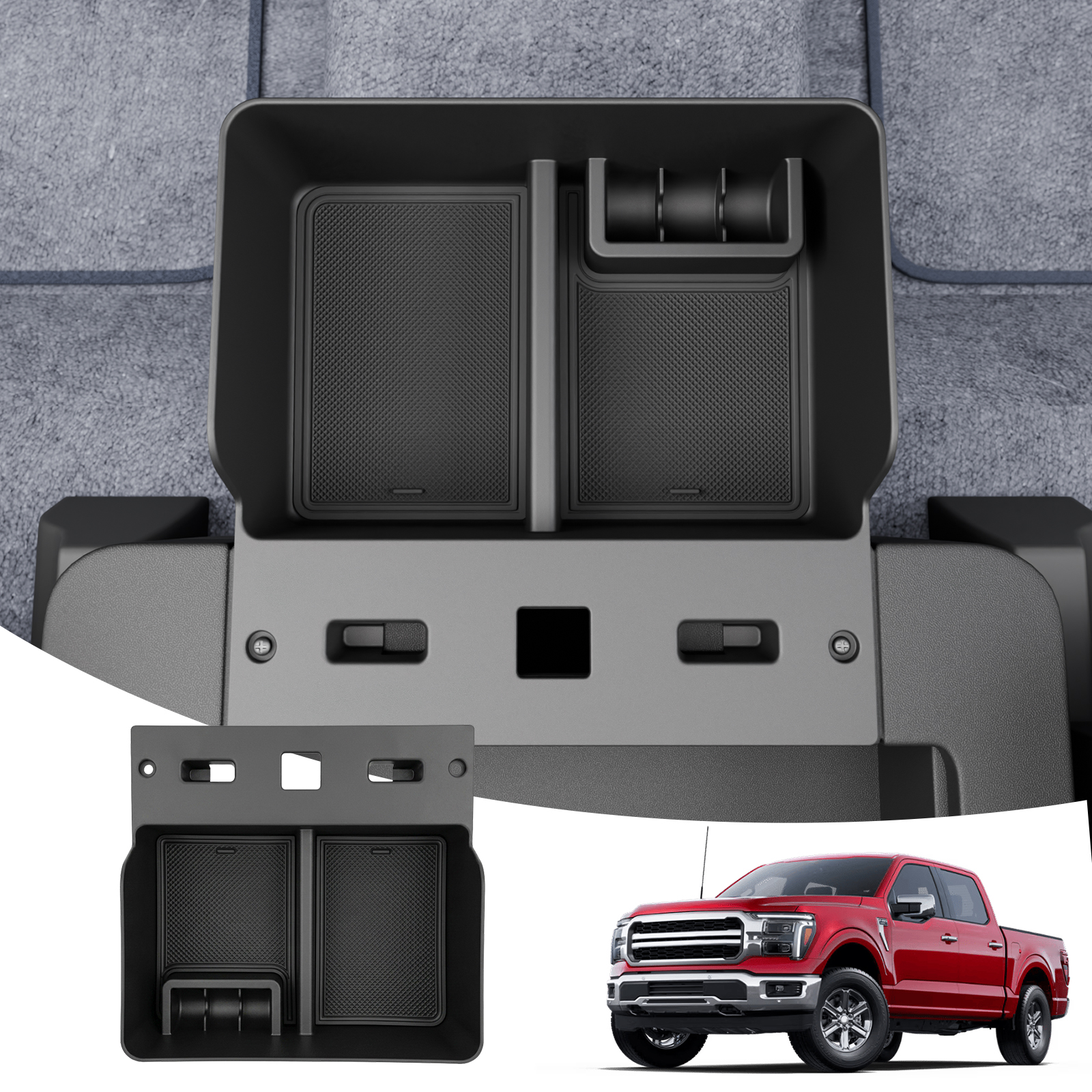 Maxzina Underseat Storage Organizer for 2015+ F150 2017+ F250 F350 F450 | Front Center Console 40/20/40 Jump Seat Lower Storage Tray Ford F-150 F-250 F-350 F-450 Cup Holder Replacement Accessories