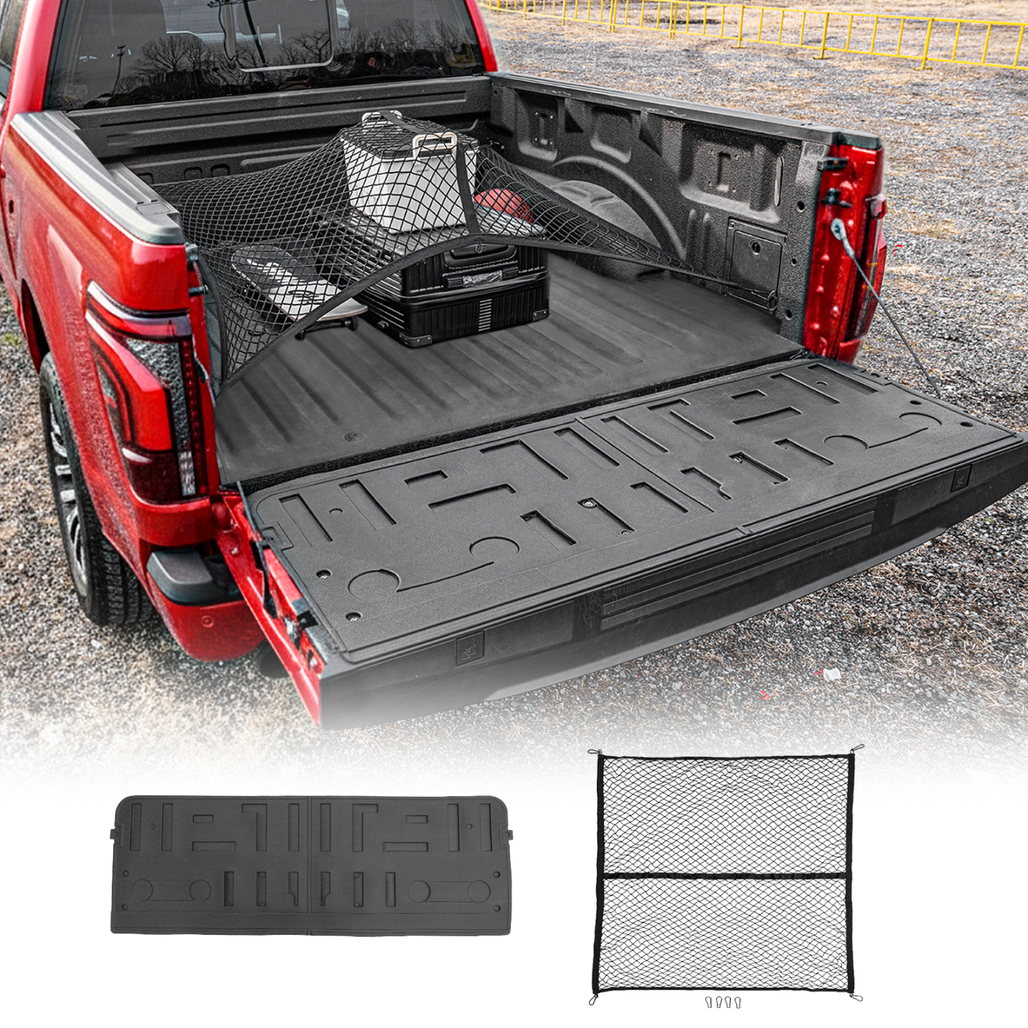 Maxzina Tailgate Mat Compatible with 2021-2025 2026 Ford F150 Tailgate Liner TPE with Cargo Net 4'×4' Single Layer Elastic 8 Hooks for 2024 Ford F-150 Accessories