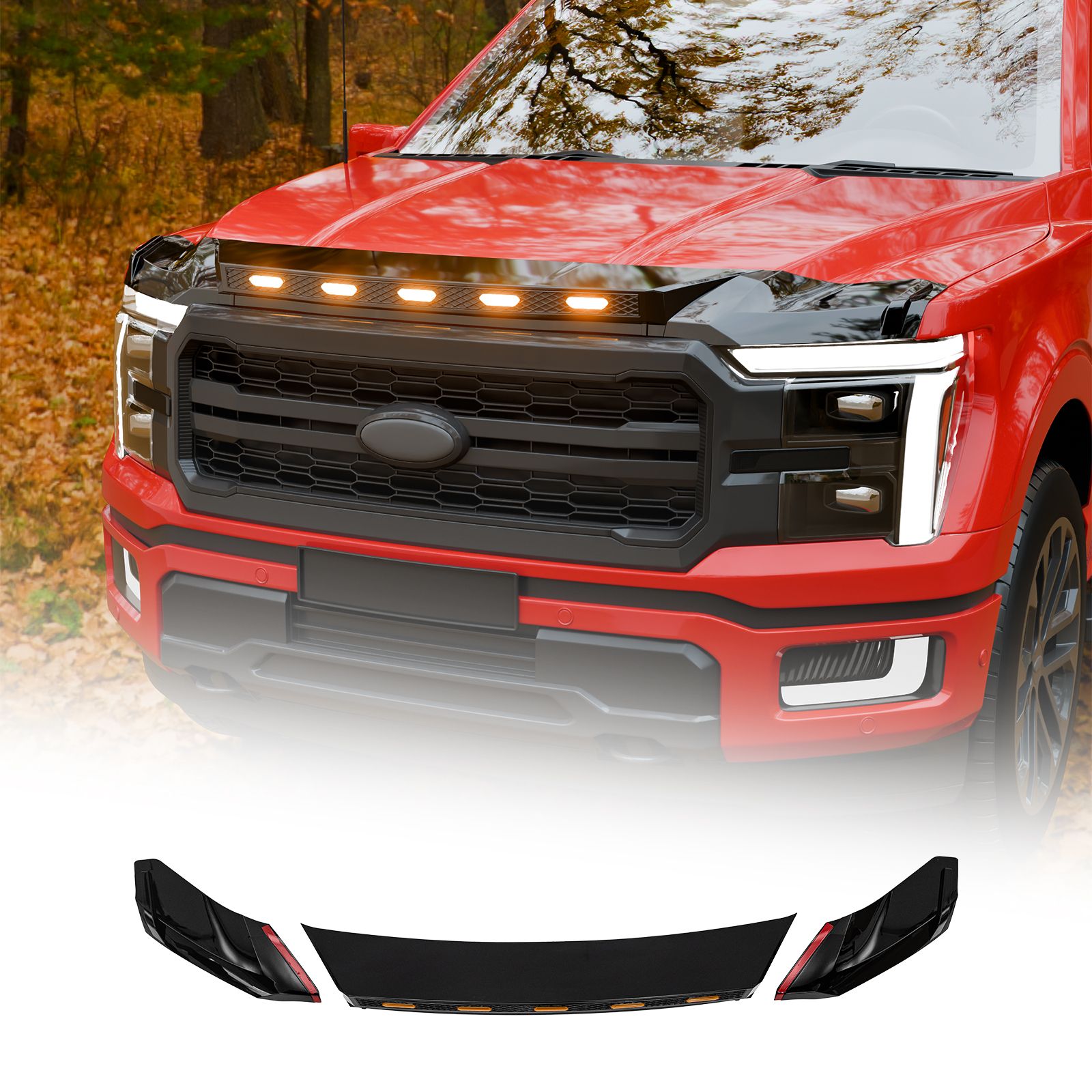 Maxzina ABS Hood Protector with LED Lights Compatible with 2021-2026 Ford F150 XL/STX/XLT/Lariat Hood Shield Bug Deflector 3-Piece Bonnet Guard for 2025 Ford F-150 Accessories (Amber Lights)
