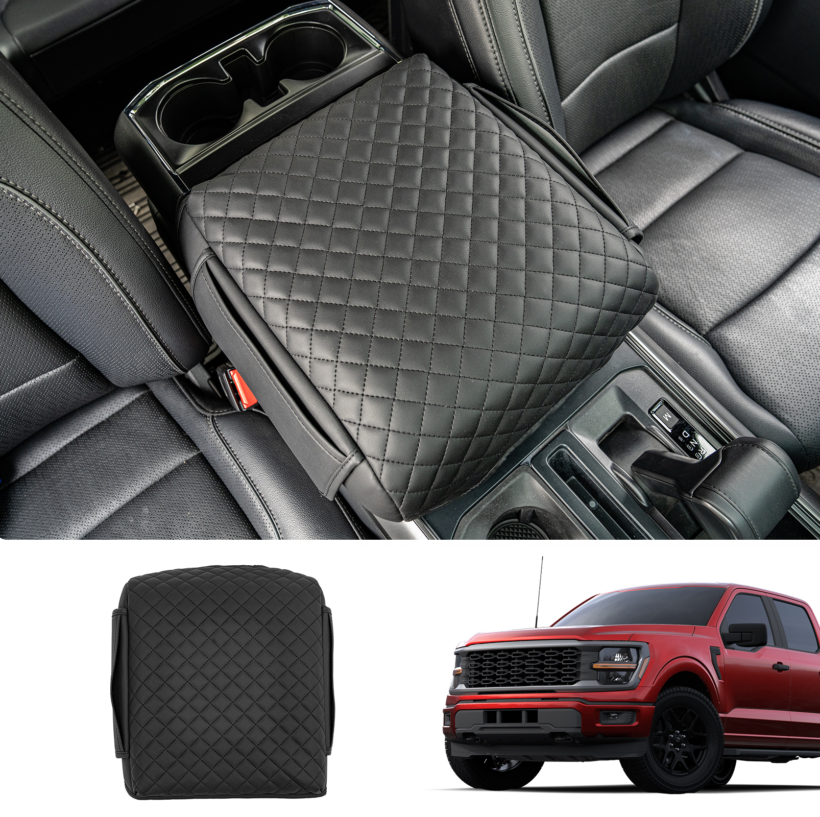 Maxzina Armrest Cover Compatible with 2021-2025 Ford F150 Center Console Cover Waterproof Car Armrest Seat Box Pad for 2024 Ford F-150 Accessories (Full Console with Bucket Seats ONLY)