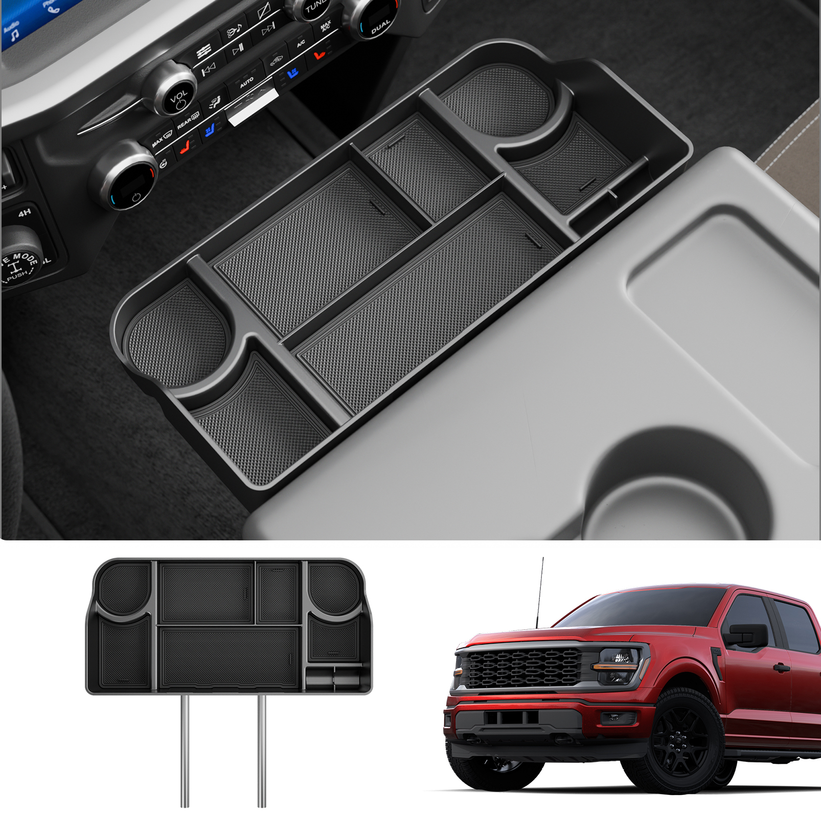 Maxzina Front Center Seat Headrest Organizer Compatible with 2011-2025 Ford F150 F250 F350 F450 F550 F650 (Only for Jump Seat Console) Coin Container Storage Box with Non-Slip Silicone Pad