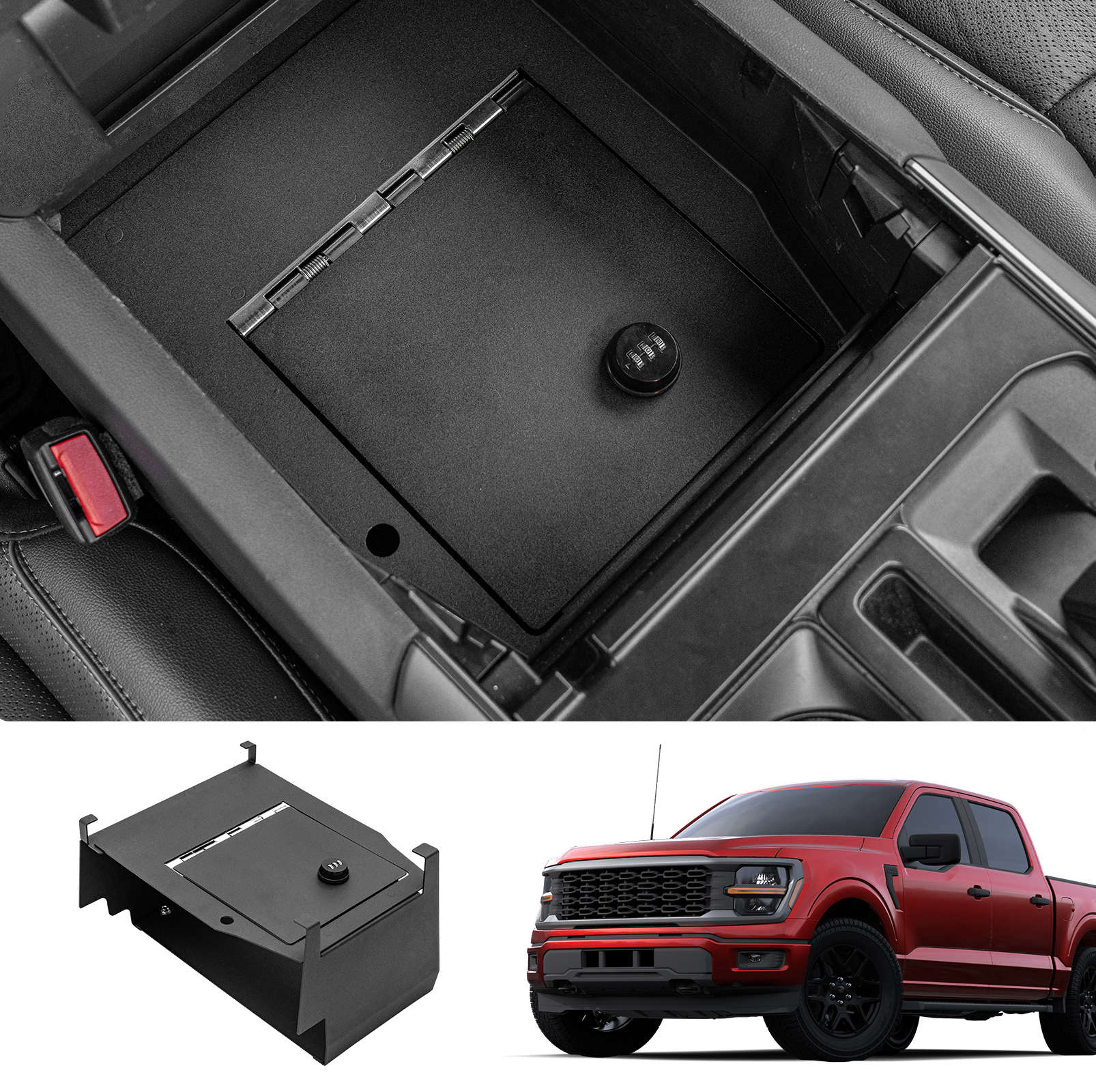 Maxzina Center Console Safe Lock Box Compatible with 2021-2025 Ford F150 Armrest Security Organizer Center Console Safe Vault Lockbox with 3 Digit Combo Password
