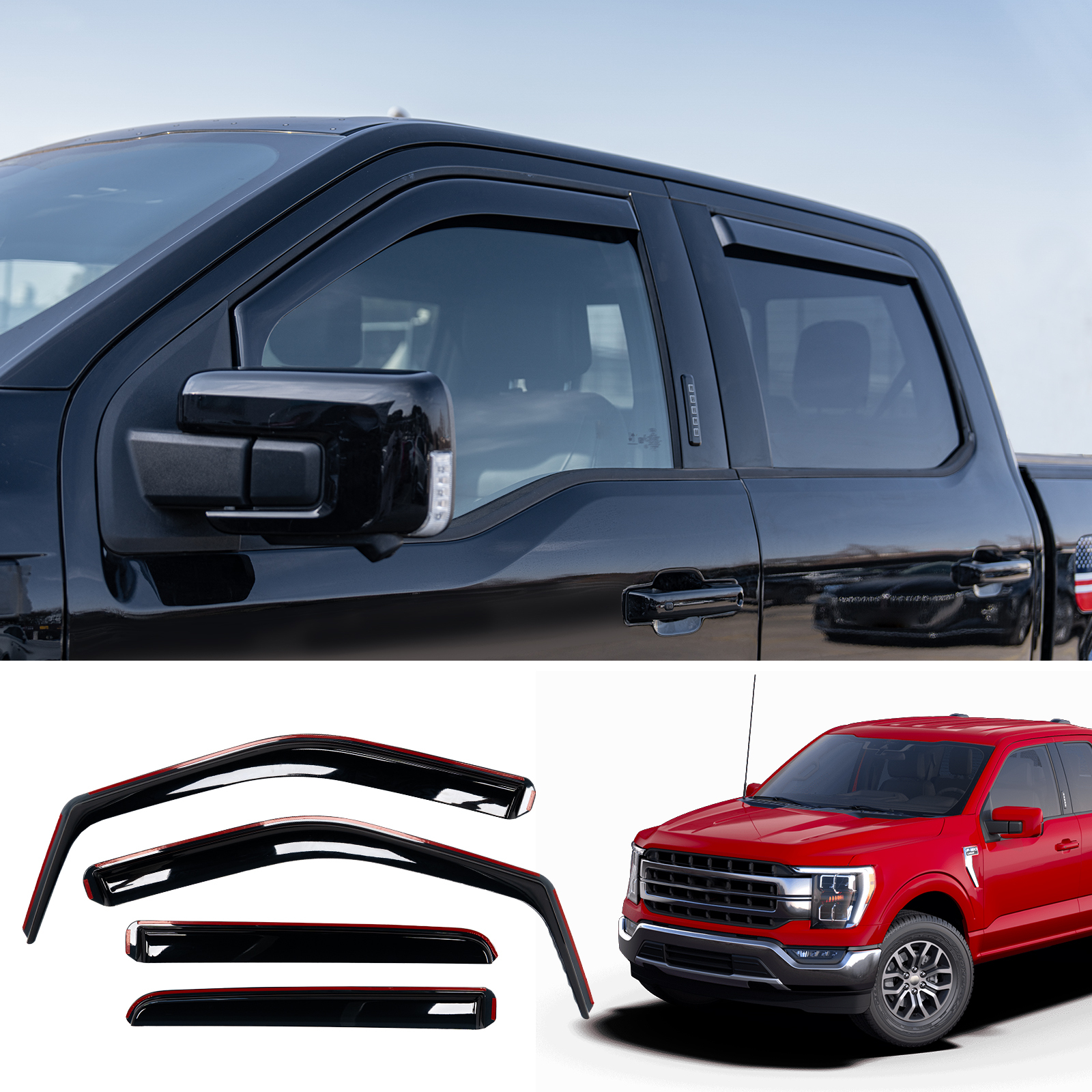 Maxzina Extended Visor Rain Guards Compatible with 2015+ F150 2017+ Raptor F-250 F-350 F-450 F-550 Super Duty SuperCrew Front and Rear in-Channel Window Visors Wind Deflectors 4PCS