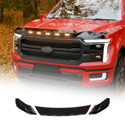 Maxzina ABS Hood Protector with LED Lights Compatible with 2021-2026 Ford F150 XL/STX/XLT/Lariat Hood Shield Bug Deflector 3-Piece Bonnet Guard for 2025 Ford F-150 Accessories (Amber Lights)