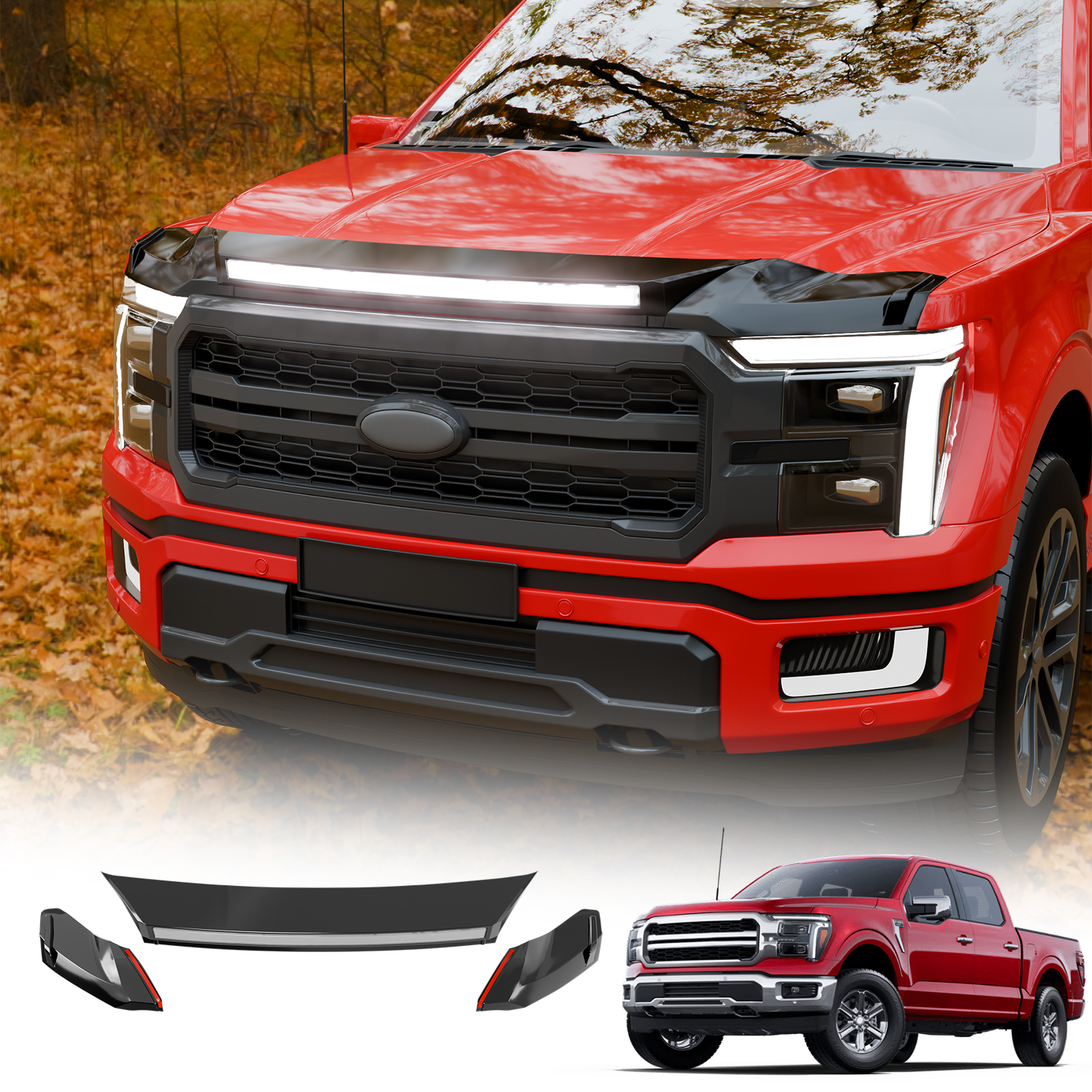 Maxzina ABS Hood Protector with LED Lights Compatible with 2021-2026 Ford F150 XL/STX/XLT/Lariat Hood Shield Bug Deflector 3-Piece Bonnet Guard for 2025 Ford F-150 Accessories (Strip White Light)