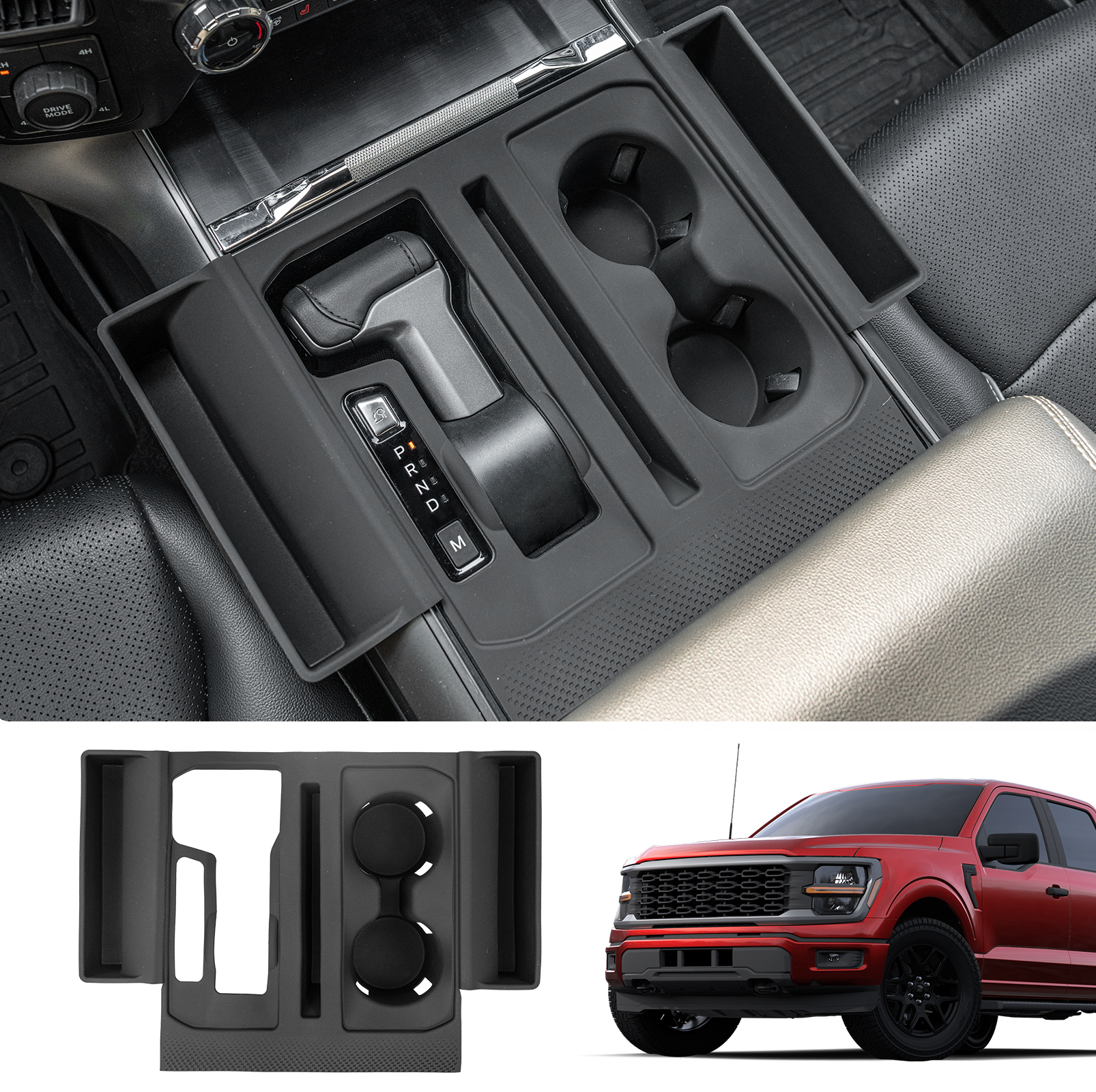 Maxzina Gear Shift Panel Tray Compatible with 2021-2025 Ford F150 Center Console Storage Gear Shifter Organizer with Cup Holder Insert for 2024 F-150 Accessories (40/Console/40 with Shift Knob ONLY)