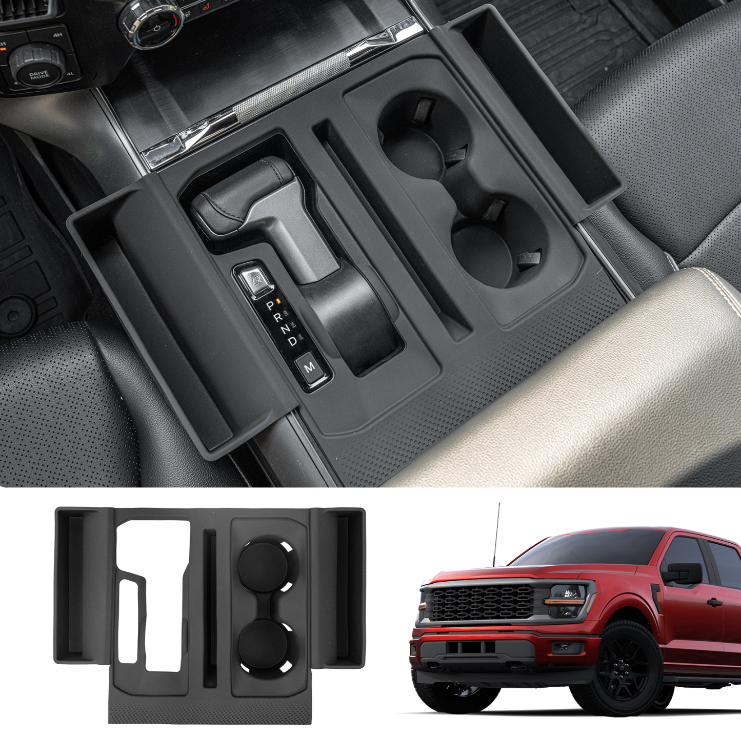 Maxzina Gear Shift Panel Tray Compatible with 2021-2025 Ford F150 Center Console Storage Gear Shifter Organizer with Cup Holder Insert for 2024 F-150 Accessories (40/Console/40 with Shift Knob ONLY)