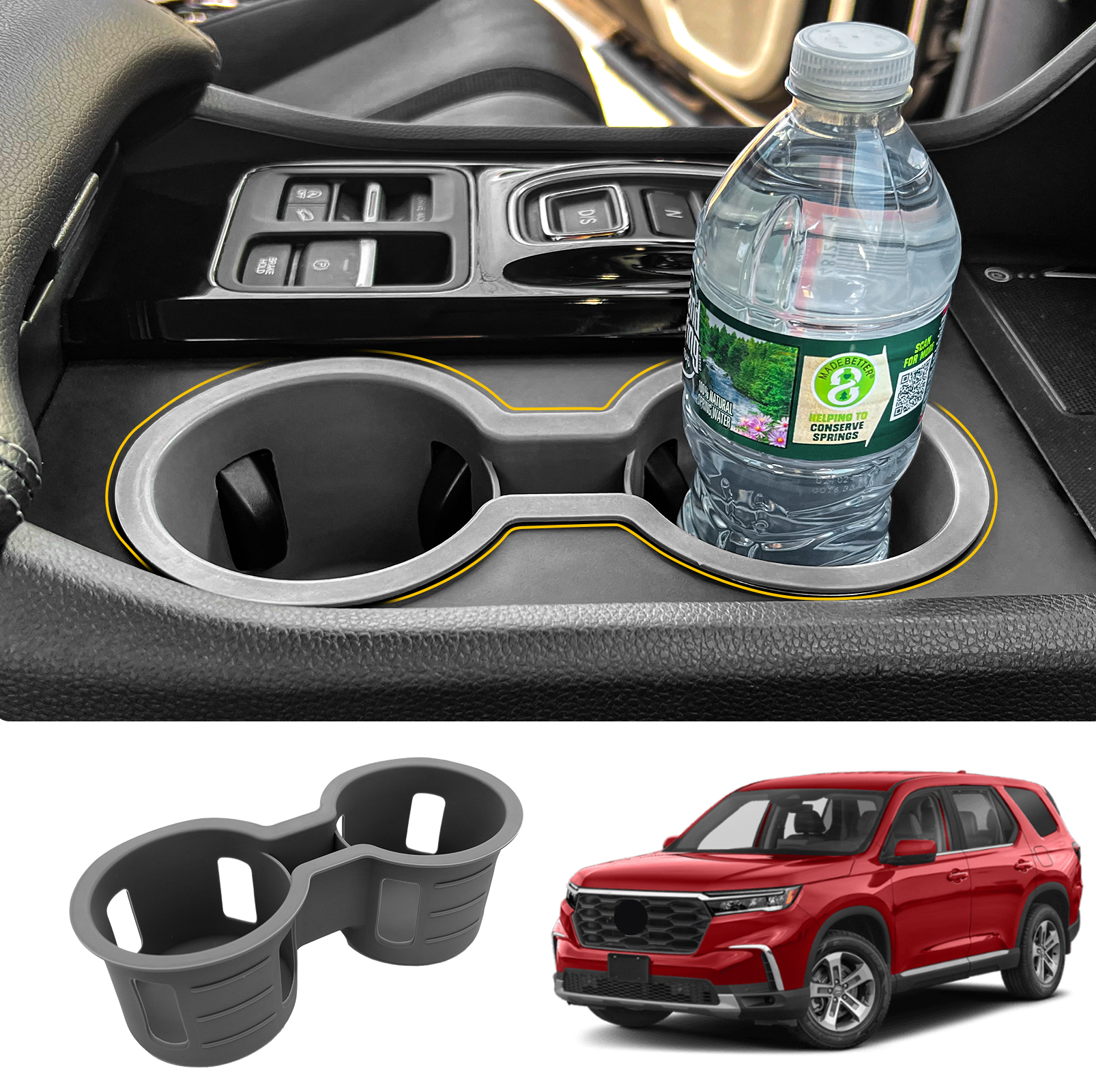 Maxzina Cup Holder Compatible with 2023-2025 Honda Pilot Car Center Console Cup Holder Silicone Insert Storage Box Interior Armrest Organizer for 2024 2025 Honda Ridgeline&Passport Accessories (Black)