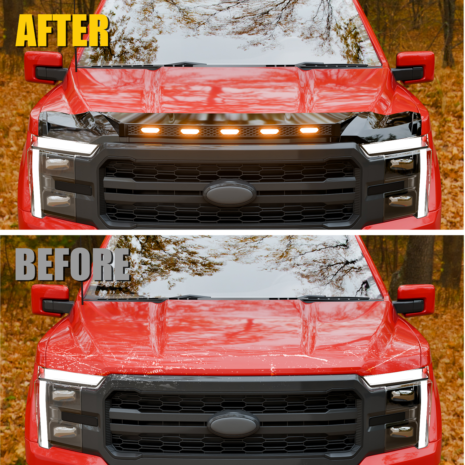 Maxzina ABS Hood Protector with LED Lights Compatible with 2021-2026 Ford F150 XL/STX/XLT/Lariat Hood Shield Bug Deflector 3-Piece Bonnet Guard for 2025 Ford F-150 Accessories (Amber Lights)