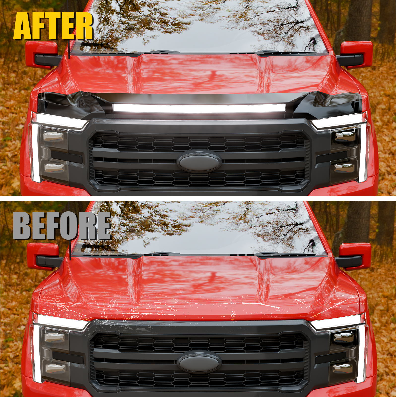 Maxzina ABS Hood Protector with LED Lights Compatible with 2021-2026 Ford F150 XL/STX/XLT/Lariat Hood Shield Bug Deflector 3-Piece Bonnet Guard for 2025 Ford F-150 Accessories (Strip White Light)
